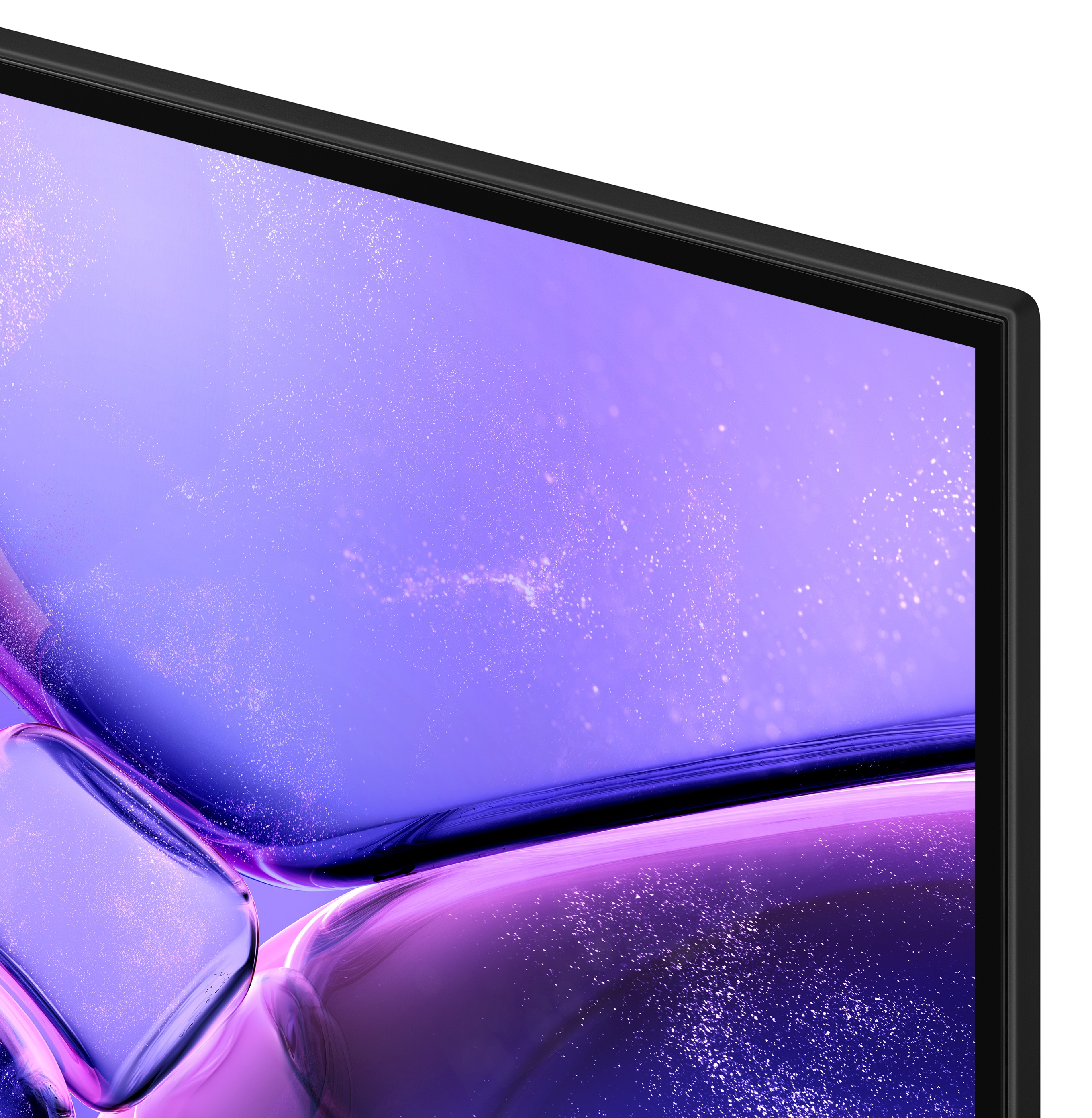 Zbliżenie rogu telewizora Samsung z fioletowym tłem z bąbelkami.