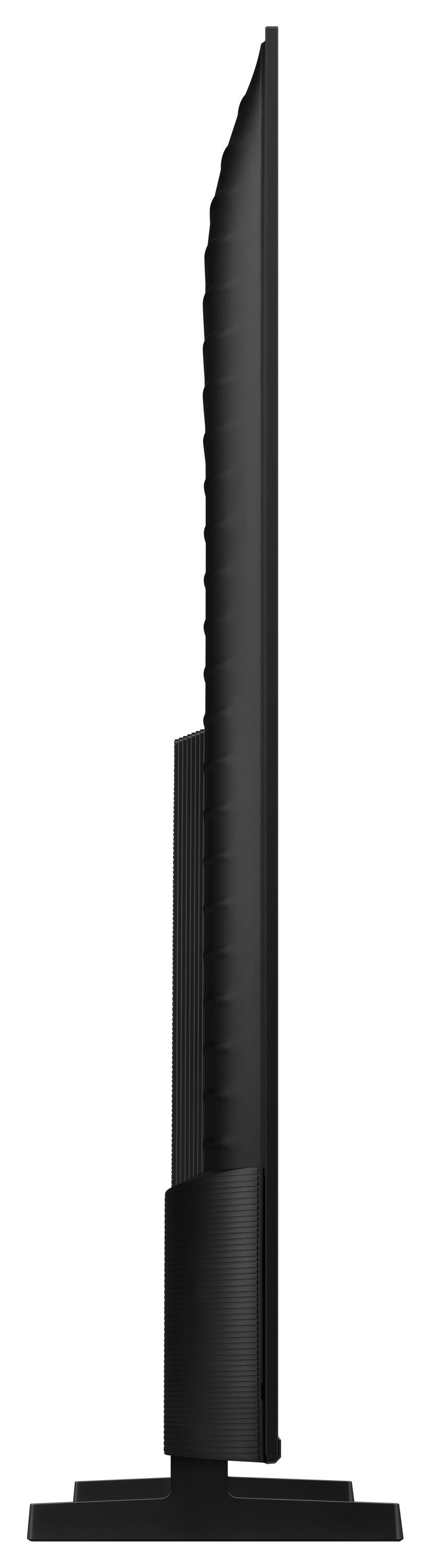 Widok z boku czarnego telewizora Samsung z czarną podstawą.