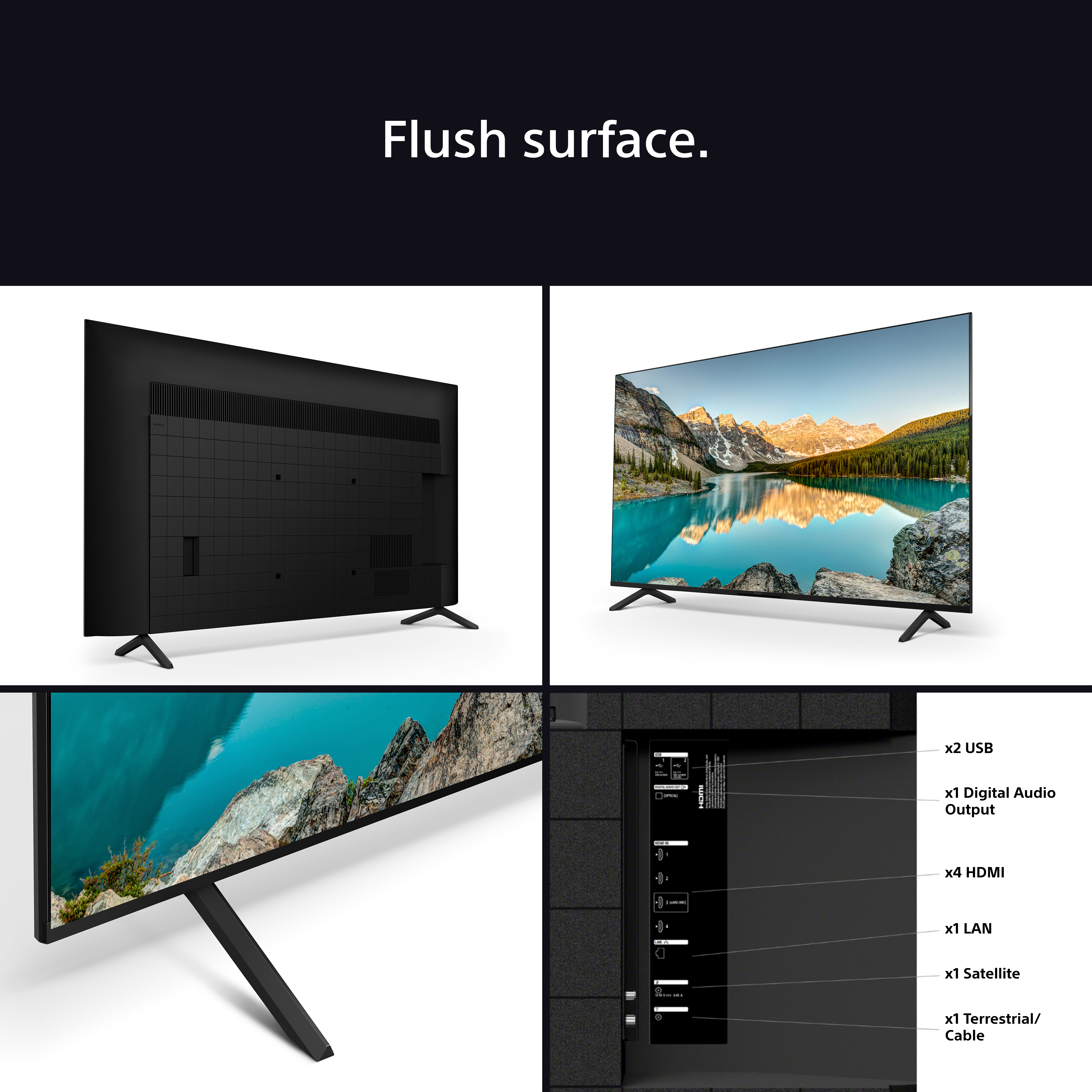 Immagini di un TV da diverse prospettive: retro, vista del paesaggio, vista dei dettagli e porte.