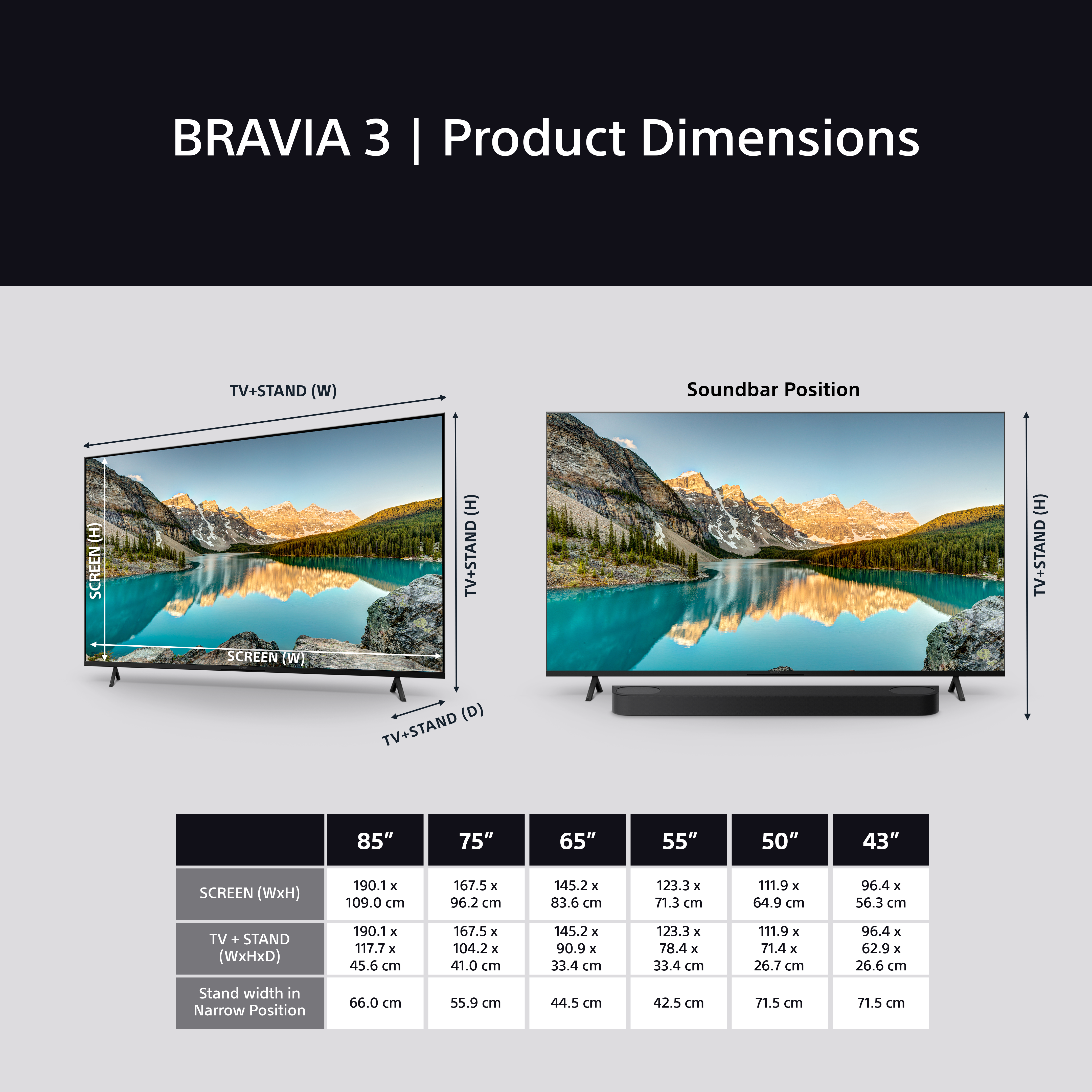 Diagramme mit Abmessungen von Sony BRAVIA 3 Fernsehern, einschließlich Bildschirm- und Standbreiten.