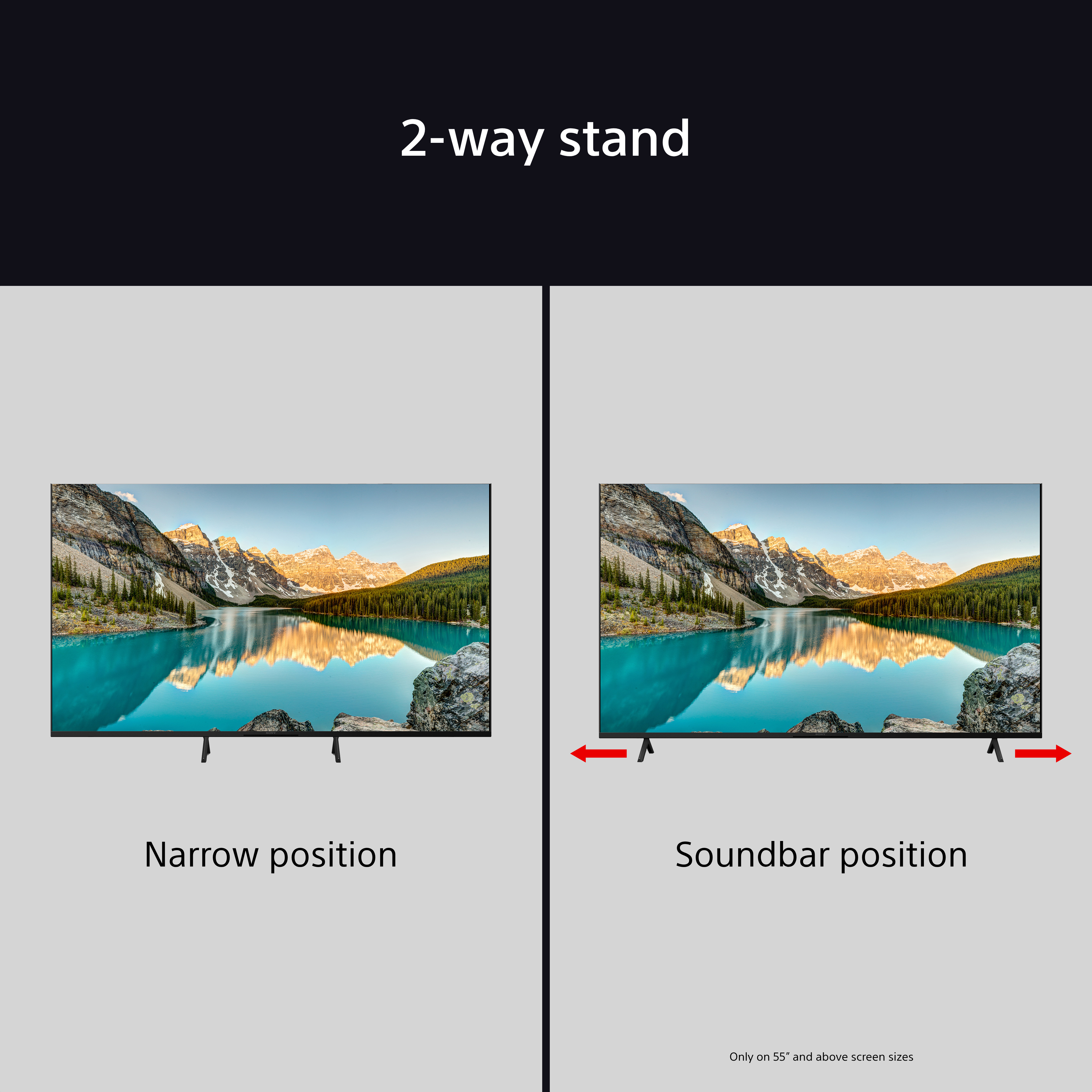 Due TV Sony: uno con supporto stretto e uno con posizione soundbar, entrambi mostrano un paesaggio montano.