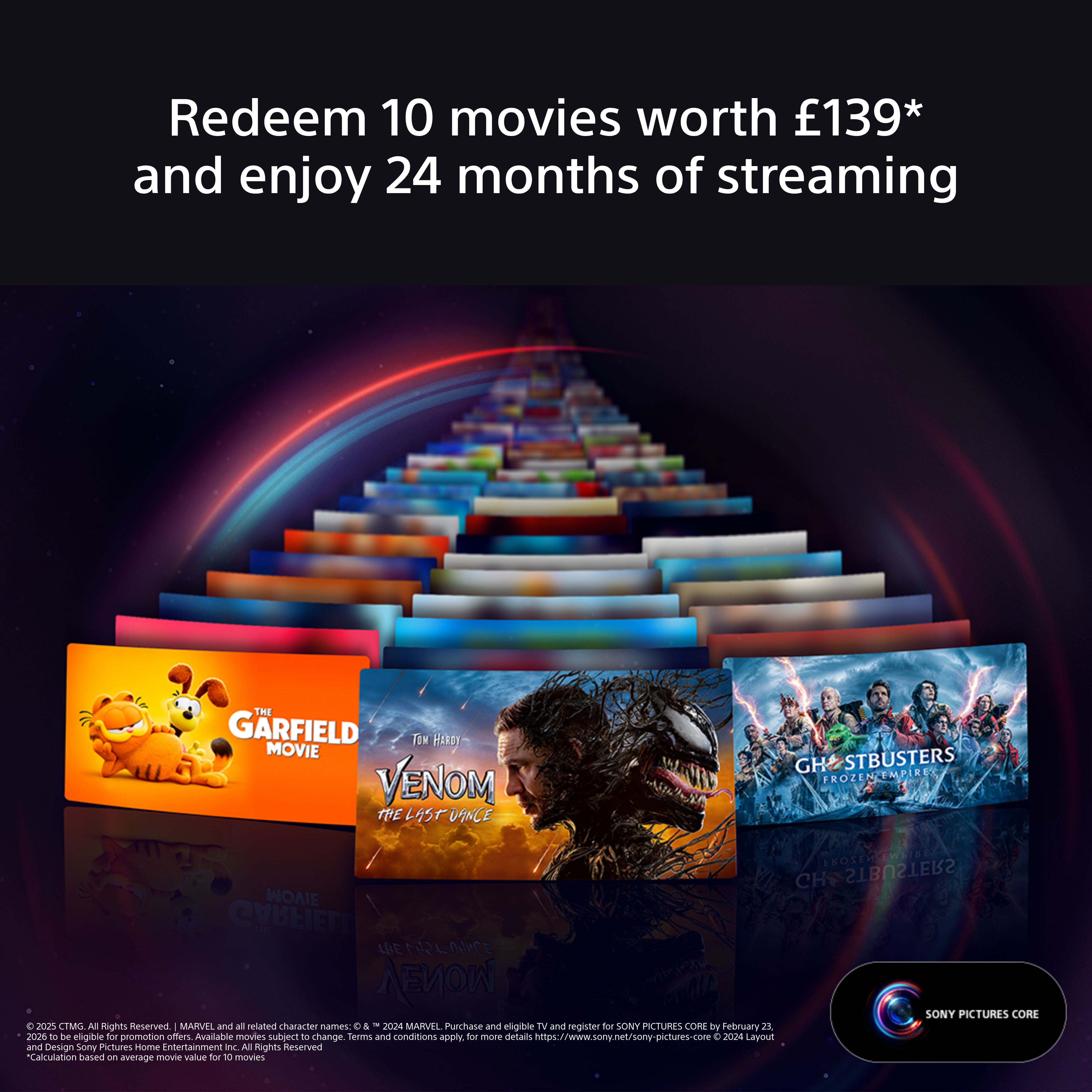 Filmbilder mit Garfield, Venom und Ghostbusters. Der Text lautet: Lösen Sie 10 Filme im Wert von 139 £ ein und genießen Sie 24 Monate Streaming.