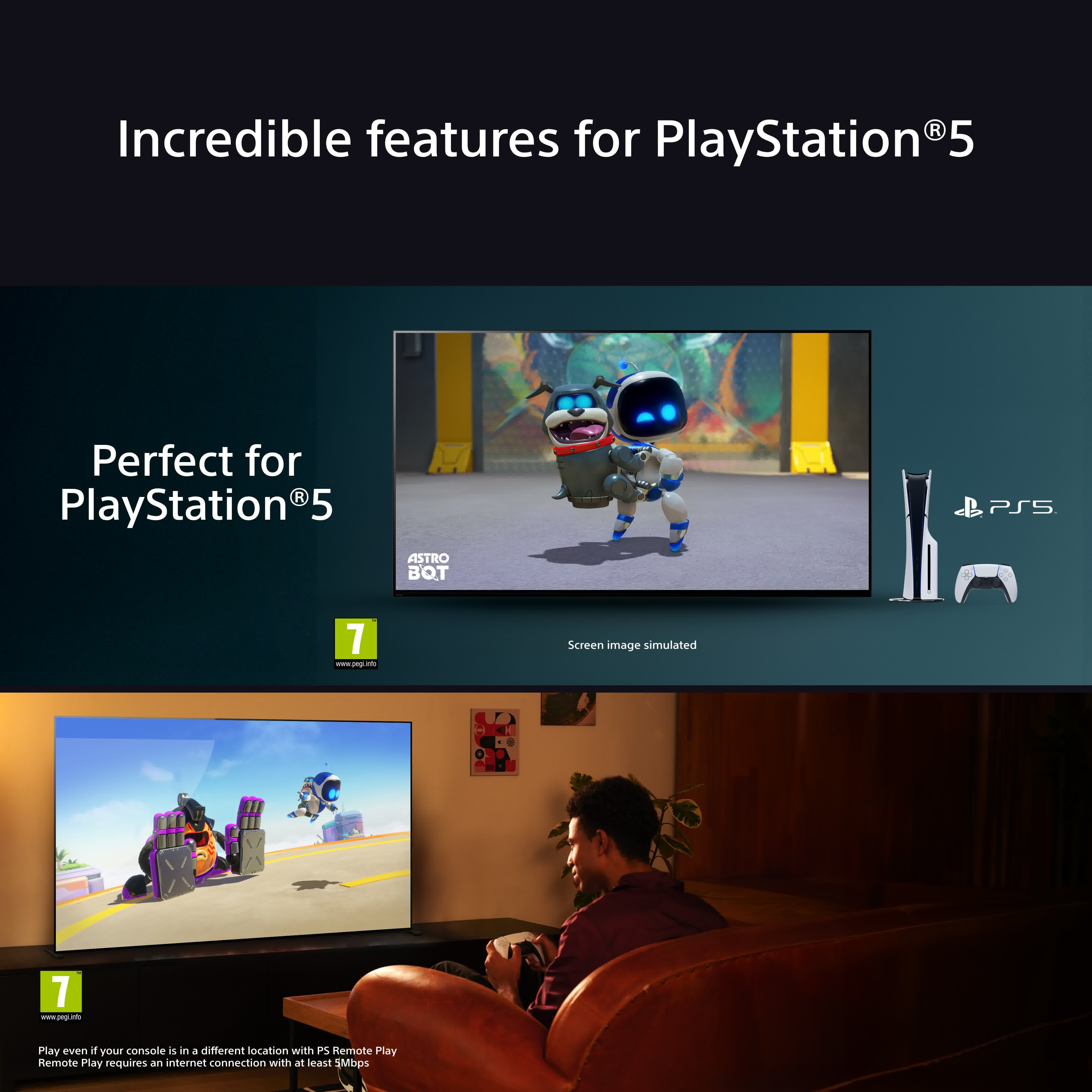 Ein Bildschirm zeigt Astro Bot, daneben eine PS5 und Controller, sowie einen Mann, der spielt.