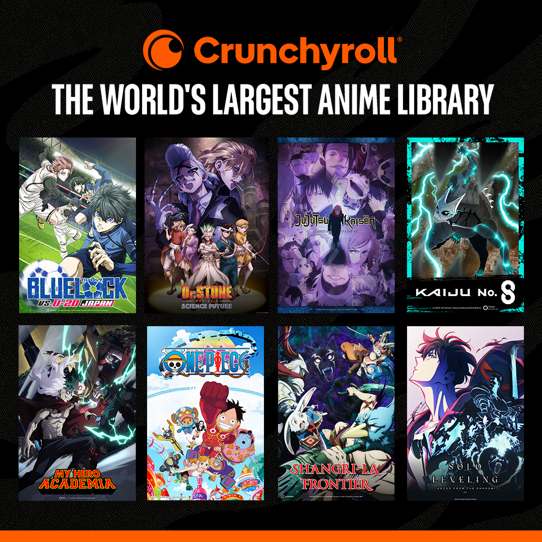 Das Bild zeigt Anime-Titel wie Blue Lock, Dr. Stone und Jujutsu Kaisen, die auf einer Crunchyroll-Werbung präsentiert werden.