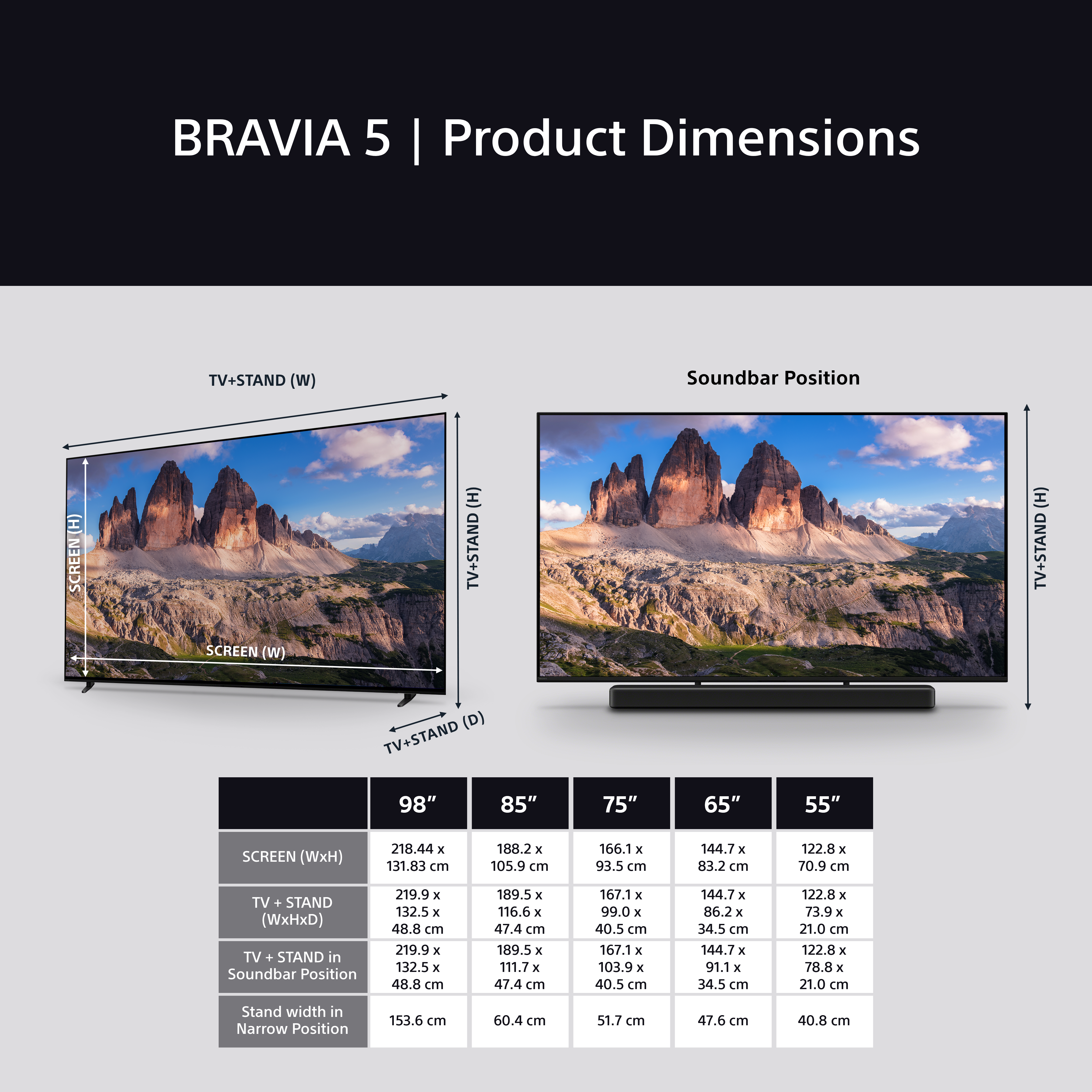 Ein Diagramm zeigt die Produktabmessungen des Bravia 5 Fernsehers, mit Größenangaben für verschiedene Bildschirmgrößen.