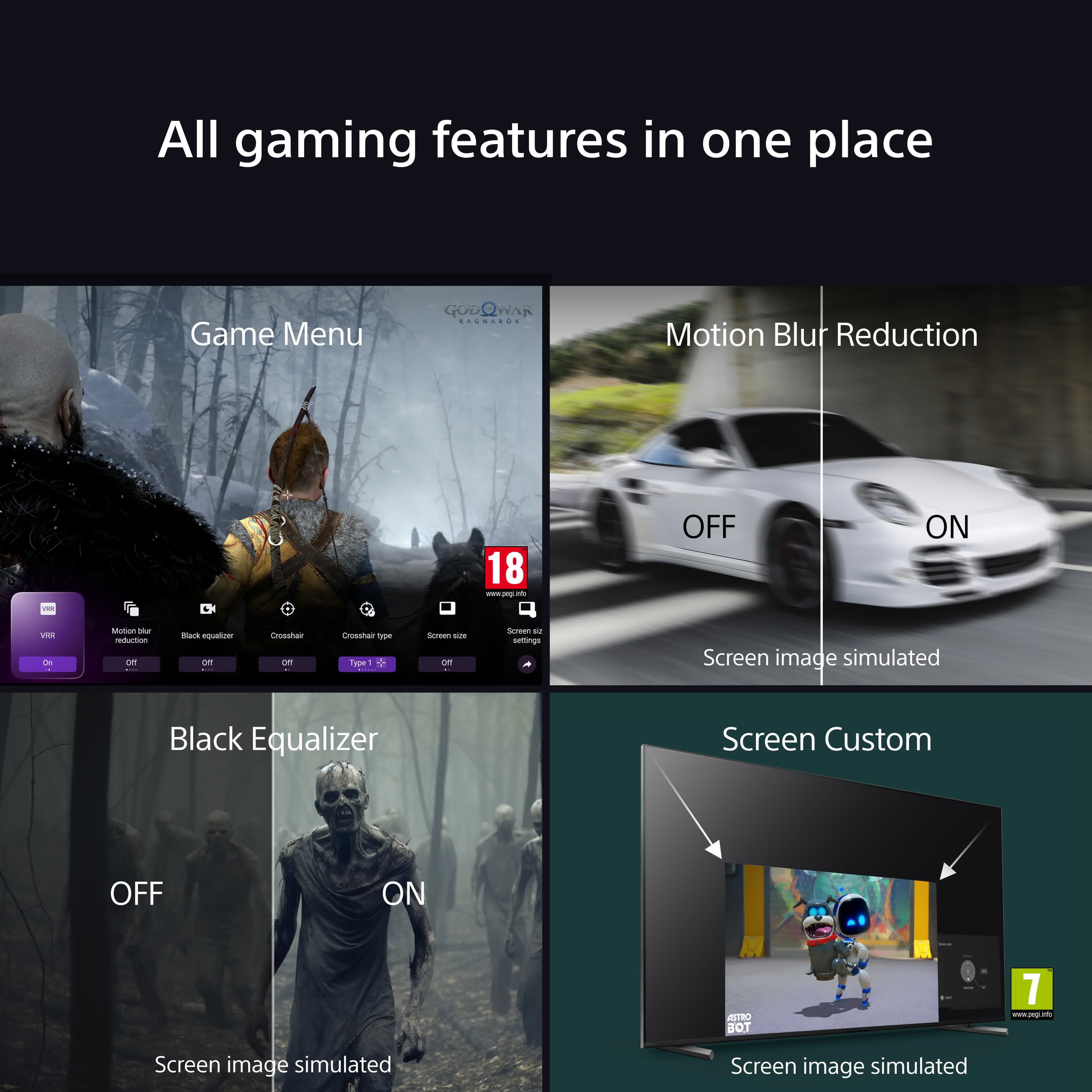 Ein Bildschirm zeigt Spieleinstellungen. Text: Alle Spielfunktionen an einem Ort. Unten: Game Menu, Motion Blur Reduction, Black Equalizer, Screen Custom.