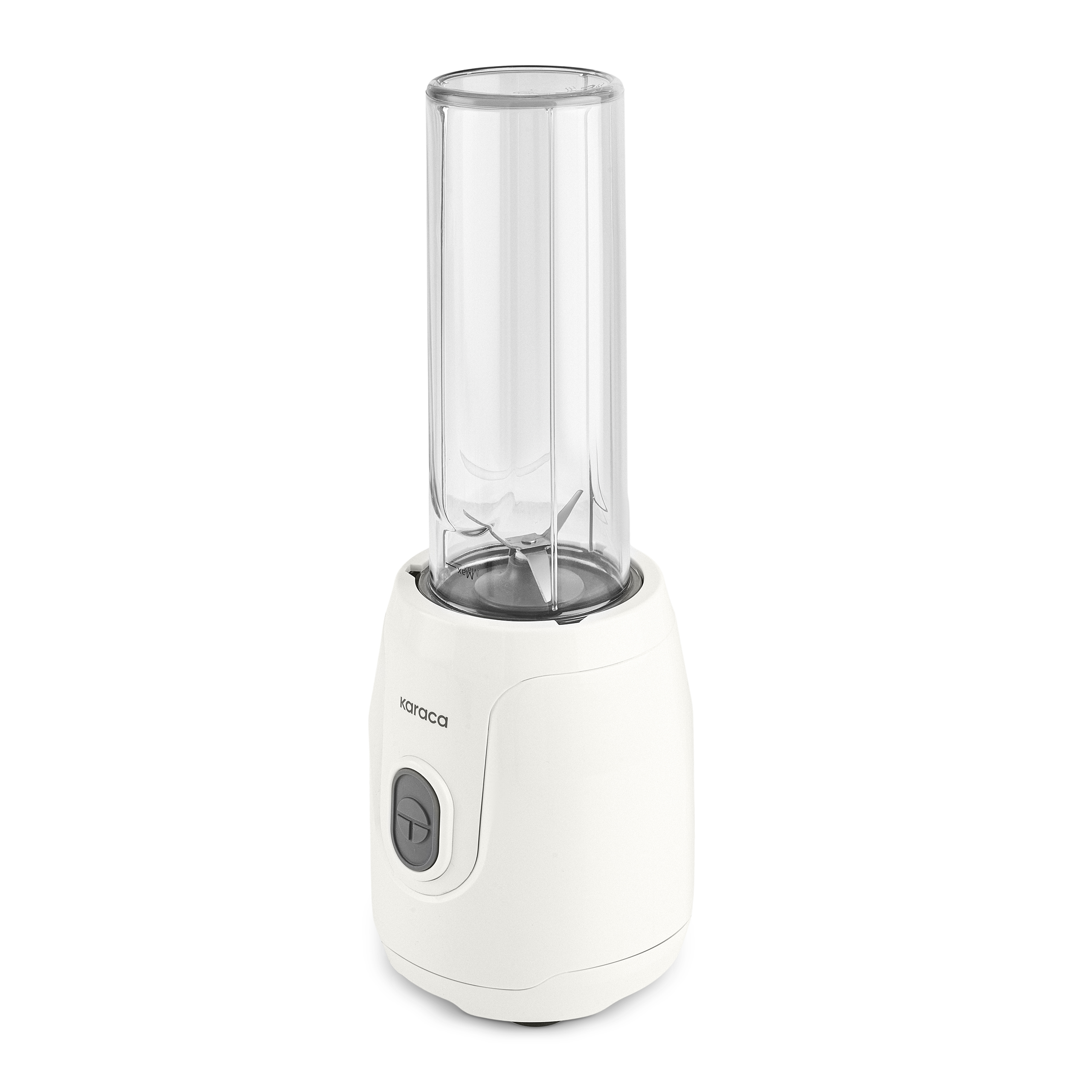 Şeffaf bir kap ile beyaz bir blender. Beyaz tabanında gri bir düğme var.