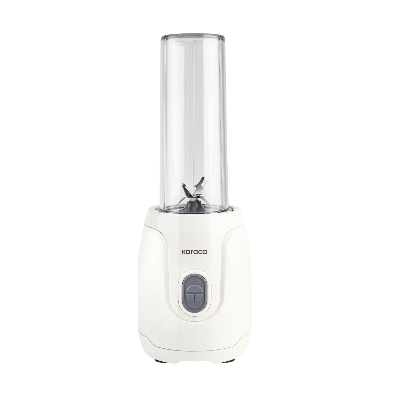 Şeffaf bir kap ile beyaz bir blender. Beyaz tabanında gri bir düğme var.