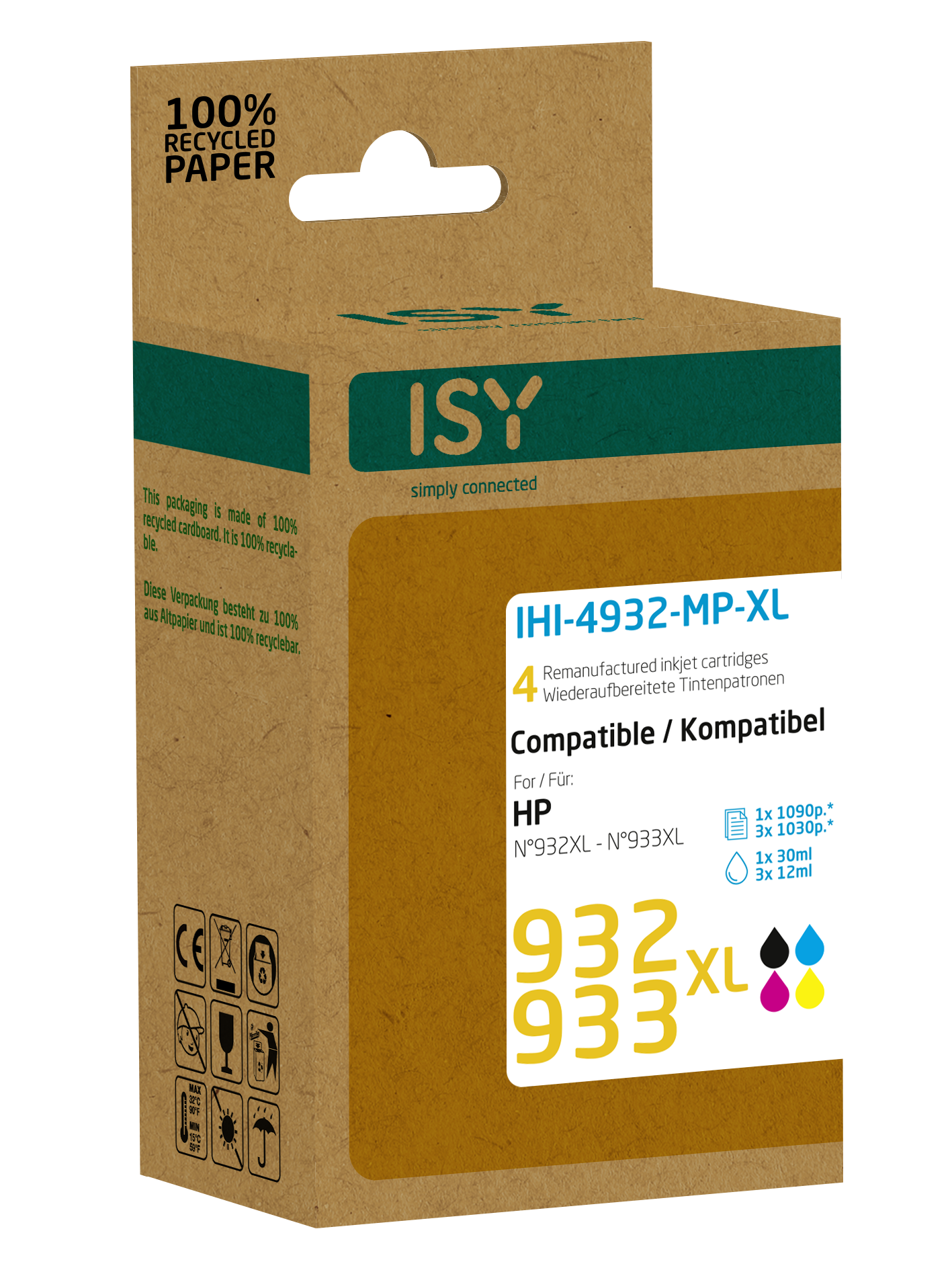 Braune ISY-Tintenpatronenbox, Text: IHI-4932-MP-XL, 4 Tintenpatronen, kompatibel mit HP.