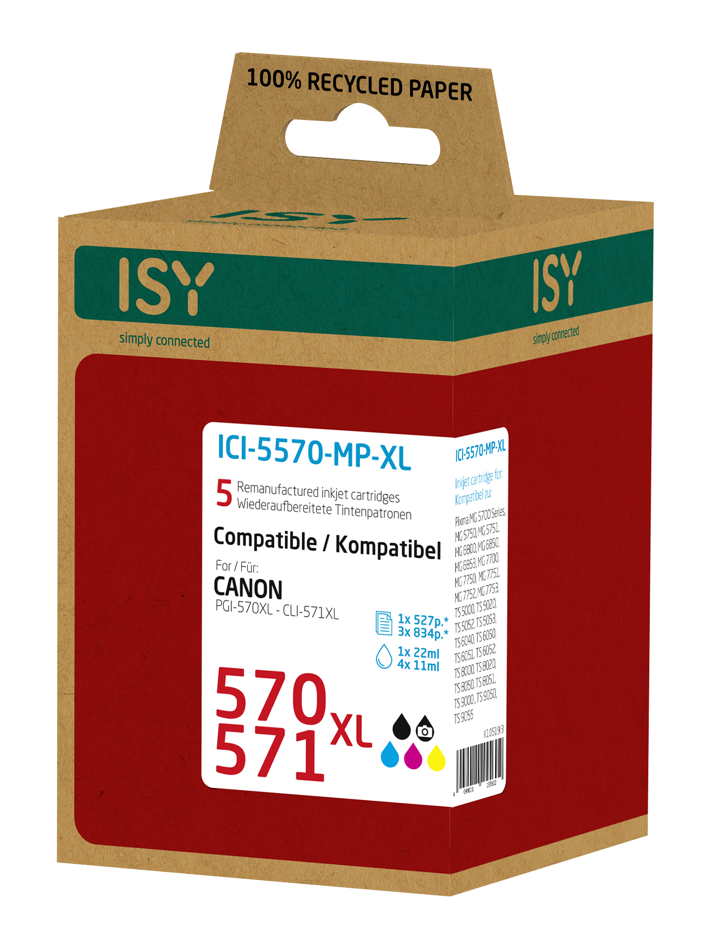 Rote ISY-Kartusche für Canon, weiße Schrift, 5 Tintenpatronen, PGI-570XL, CLI-571XL.