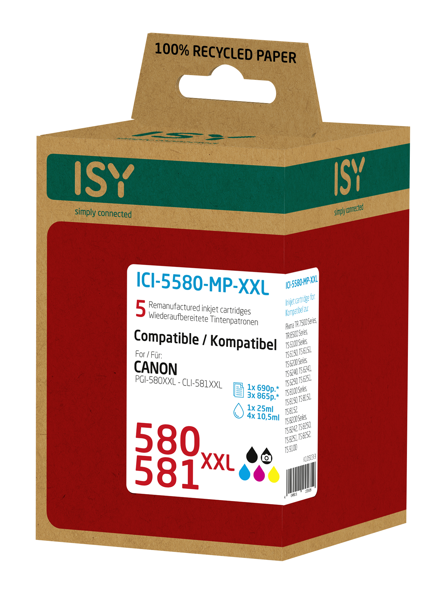 Rote ISY-Kartusche für Canon, weiße Schrift, 5 Tintenpatronen, PGI-580XXL, CLI-581XXL.