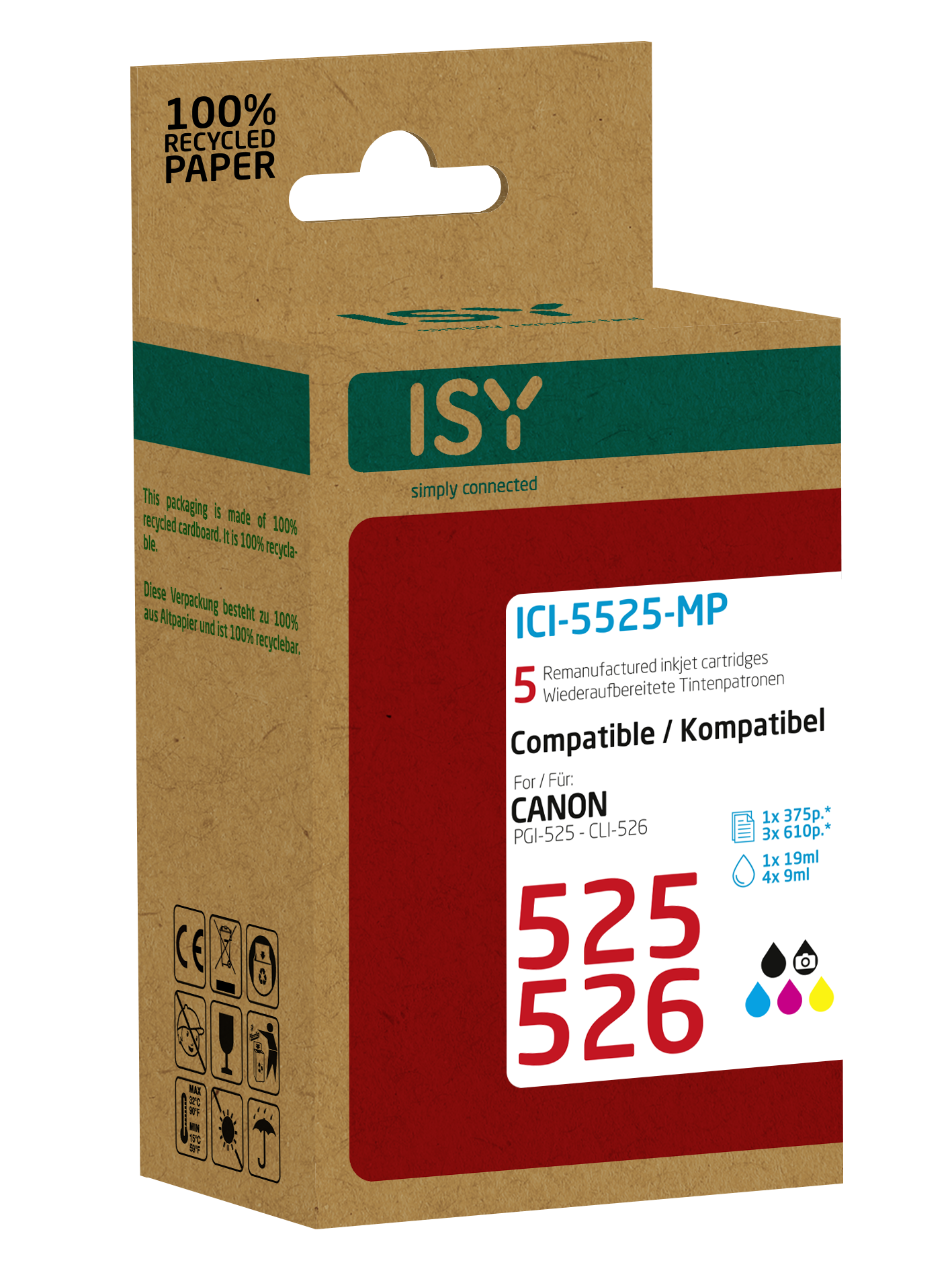 Schachtel mit ISY-Tintenstrahldruckerpatronen mit Recycling-Informationen.