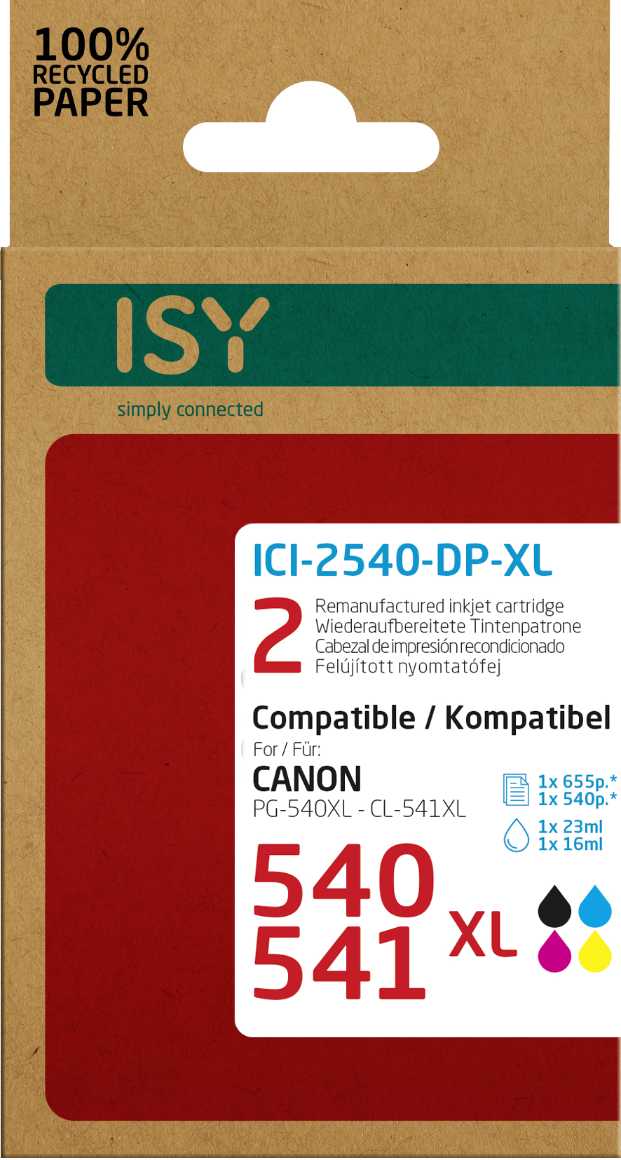 Rote ISY-Kartusche für Canon PG-540XL, weiße Schrift, 2 Tintenpatronen.