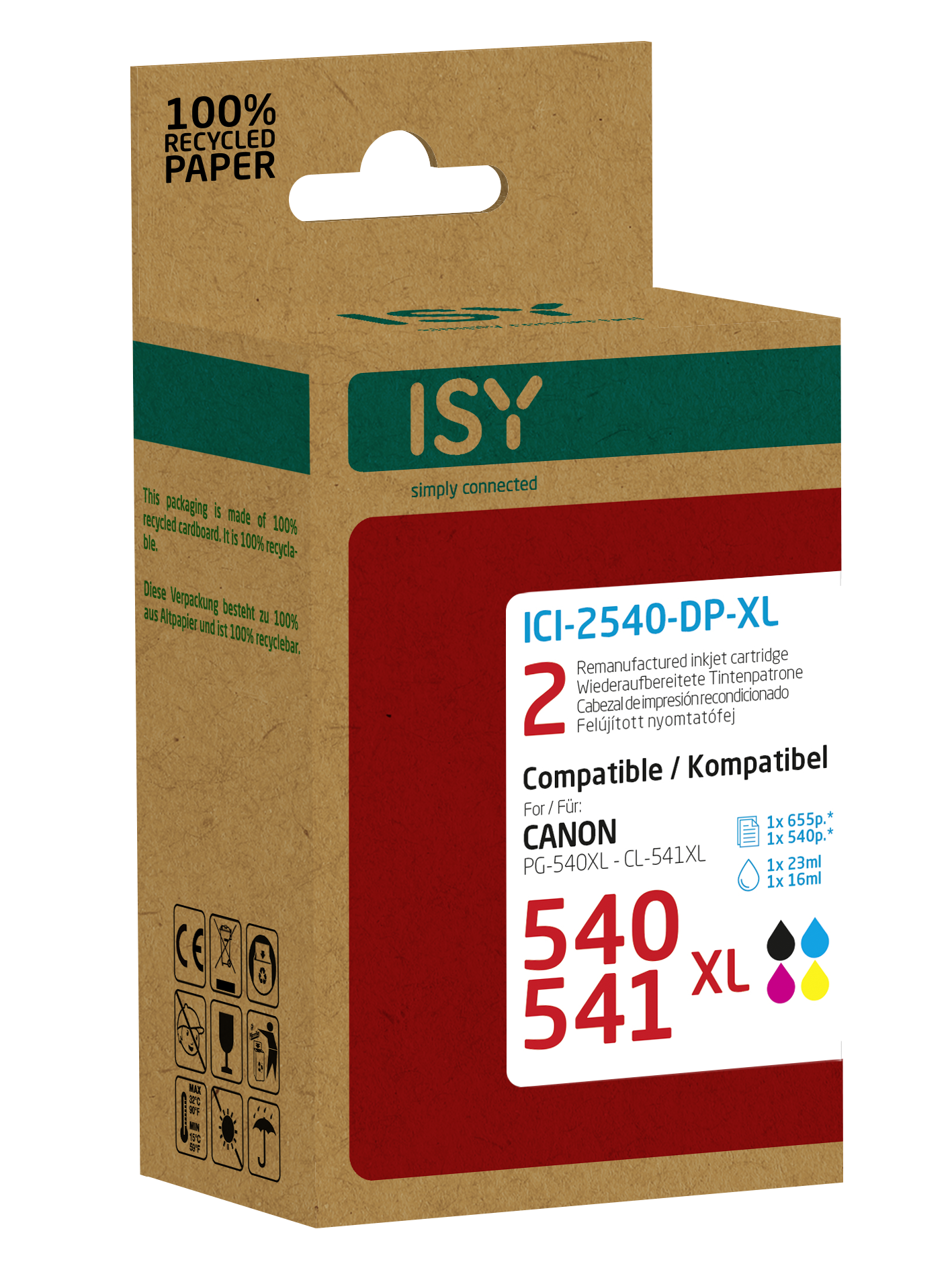 Braune ISY-Kartusche für Canon PG-540XL, weiße Schrift, 2 Tintenpatronen.