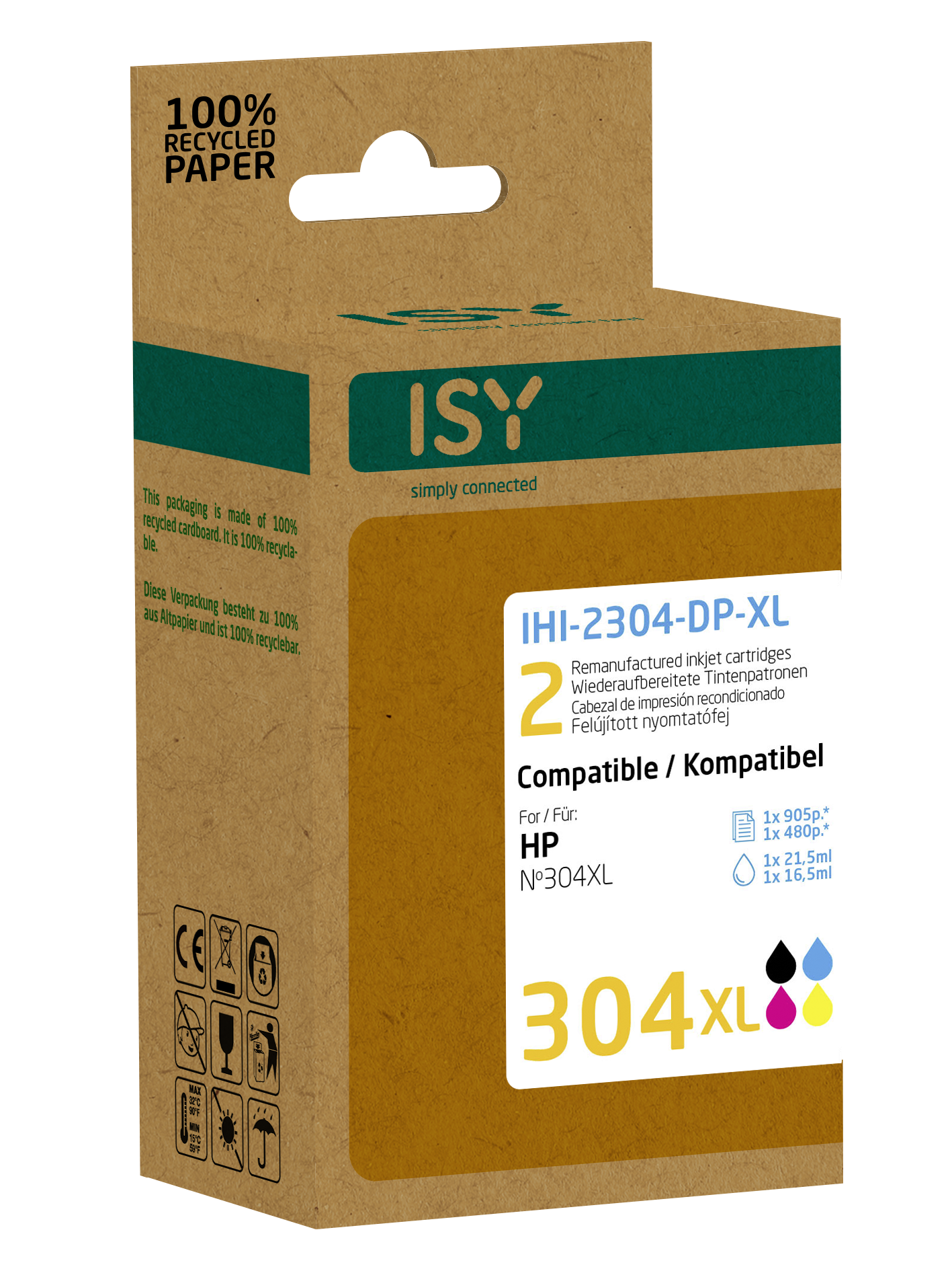 Braune ISY-Kartusche für HP No304XL, weiße Schrift, 2 Tintenpatronen.