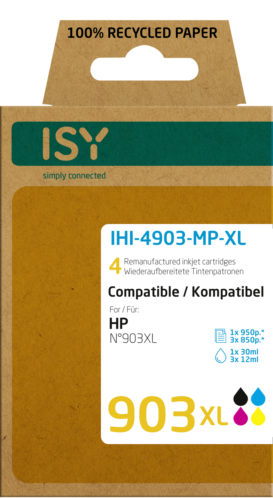 Braune ISY-Kartusche für HP, weiße Schrift, 4 Tintenpatronen, 903XL.
