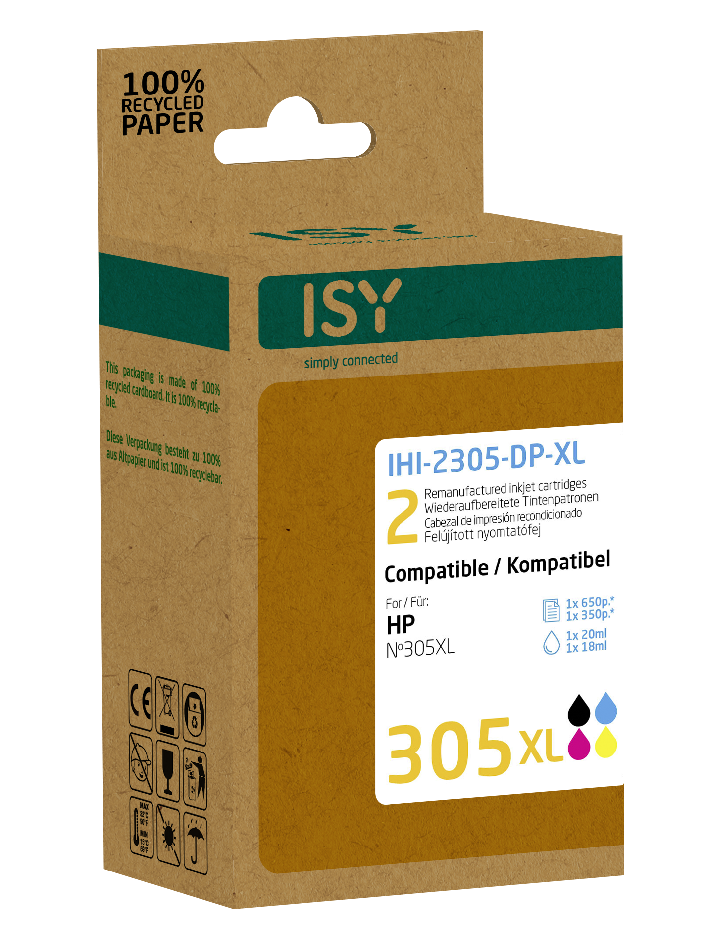 Braune ISY-Box mit HP 305XL Tintenpatrone, 100% Recyclingpapier.