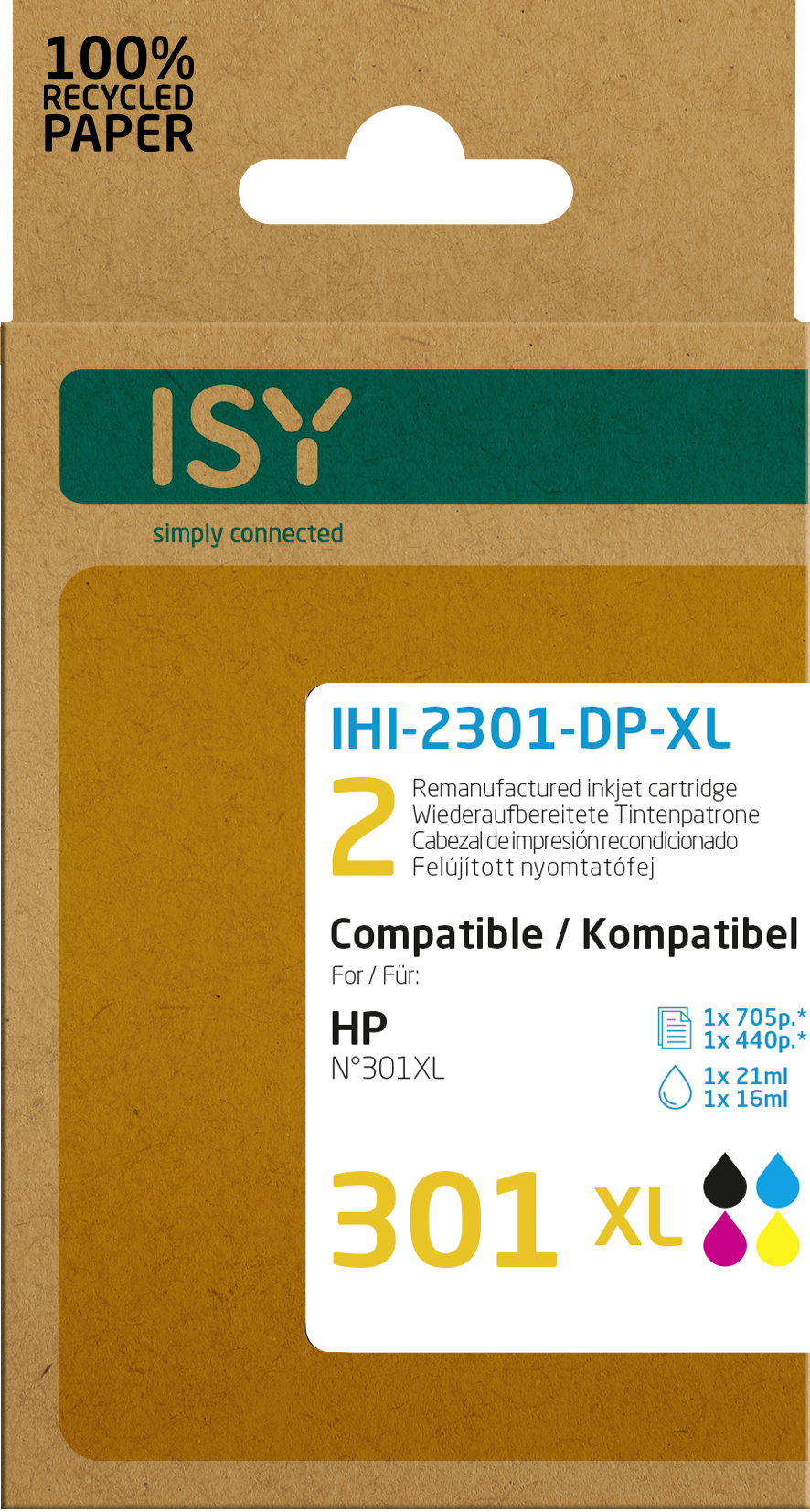 Braune ISY-Tintenpatronenbox, Text: IHI-2301-DP-XL, 2 Tintenpatronen, kompatibel mit HP.