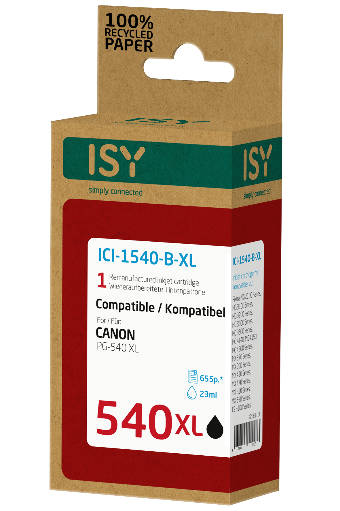 Rote ISY Tintenpatrone für Canon PG-540 XL. Box zeigt Patrone, Details und kompatible Drucker.