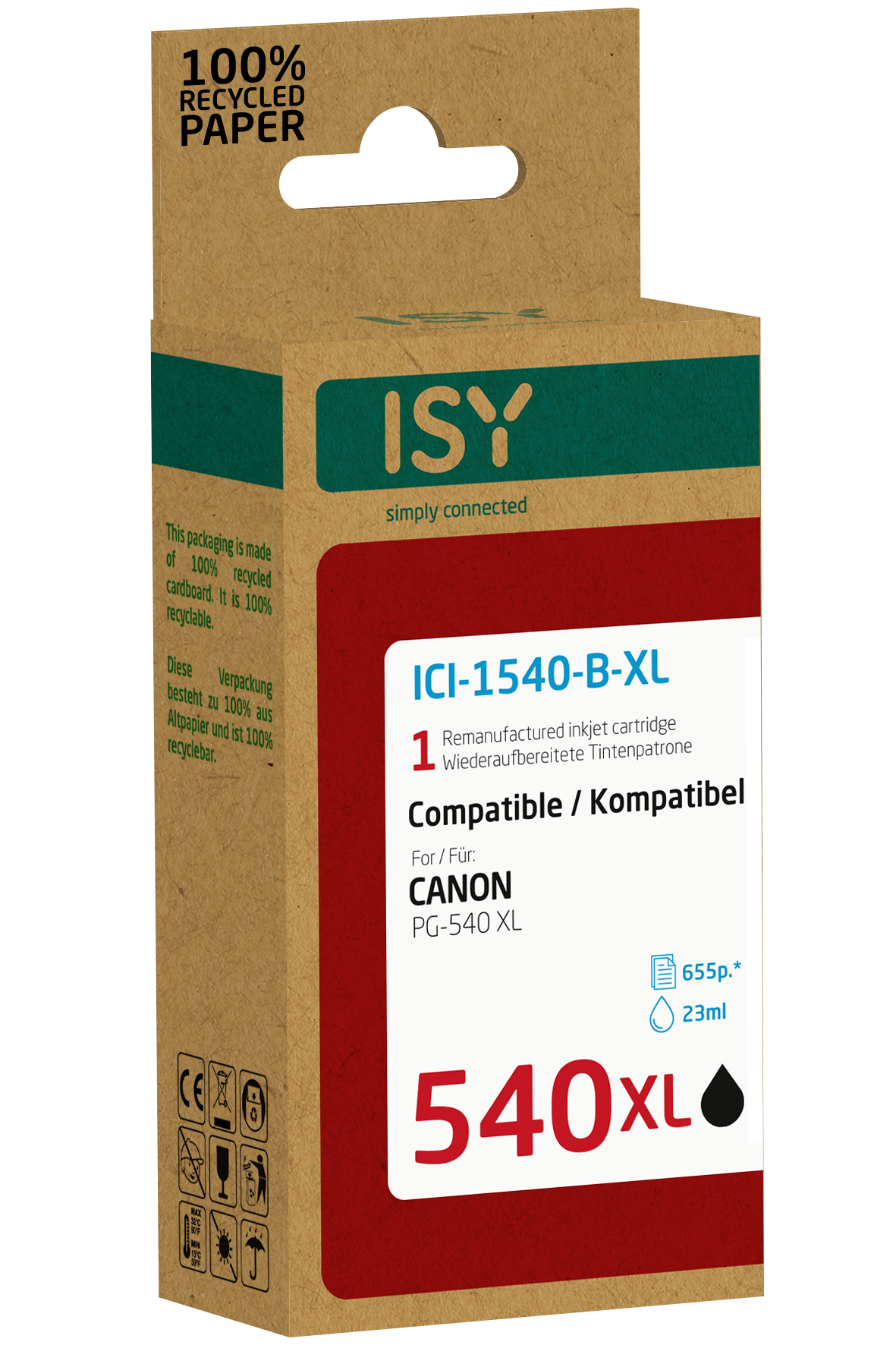 Braune ISY-Tintenpatronenbox mit rotem Feld, Text: ICI-1540-B-XL, 1 Tintenpatrone, kompatibel mit Canon.