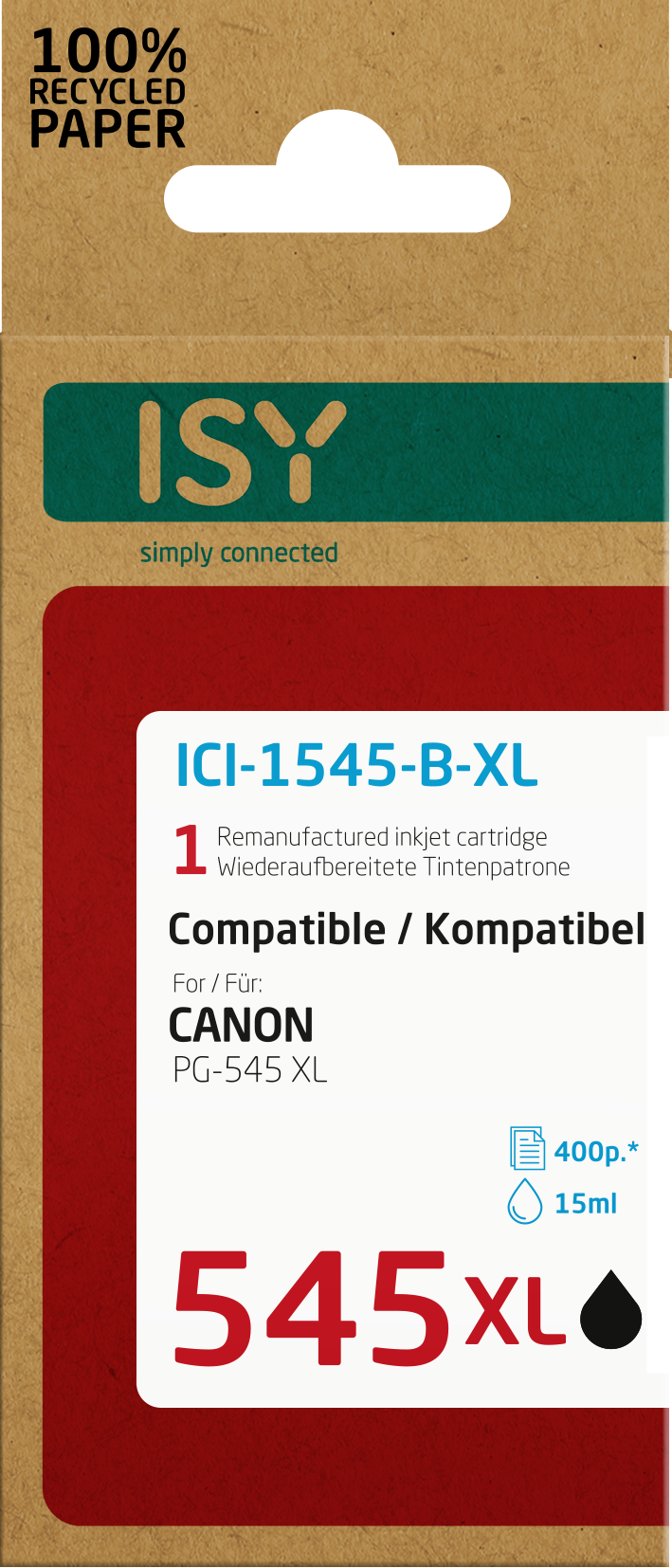 Rote ISY-Box mit Canon PG-545 XL Tintenpatrone, 100% Recyclingpapier.
