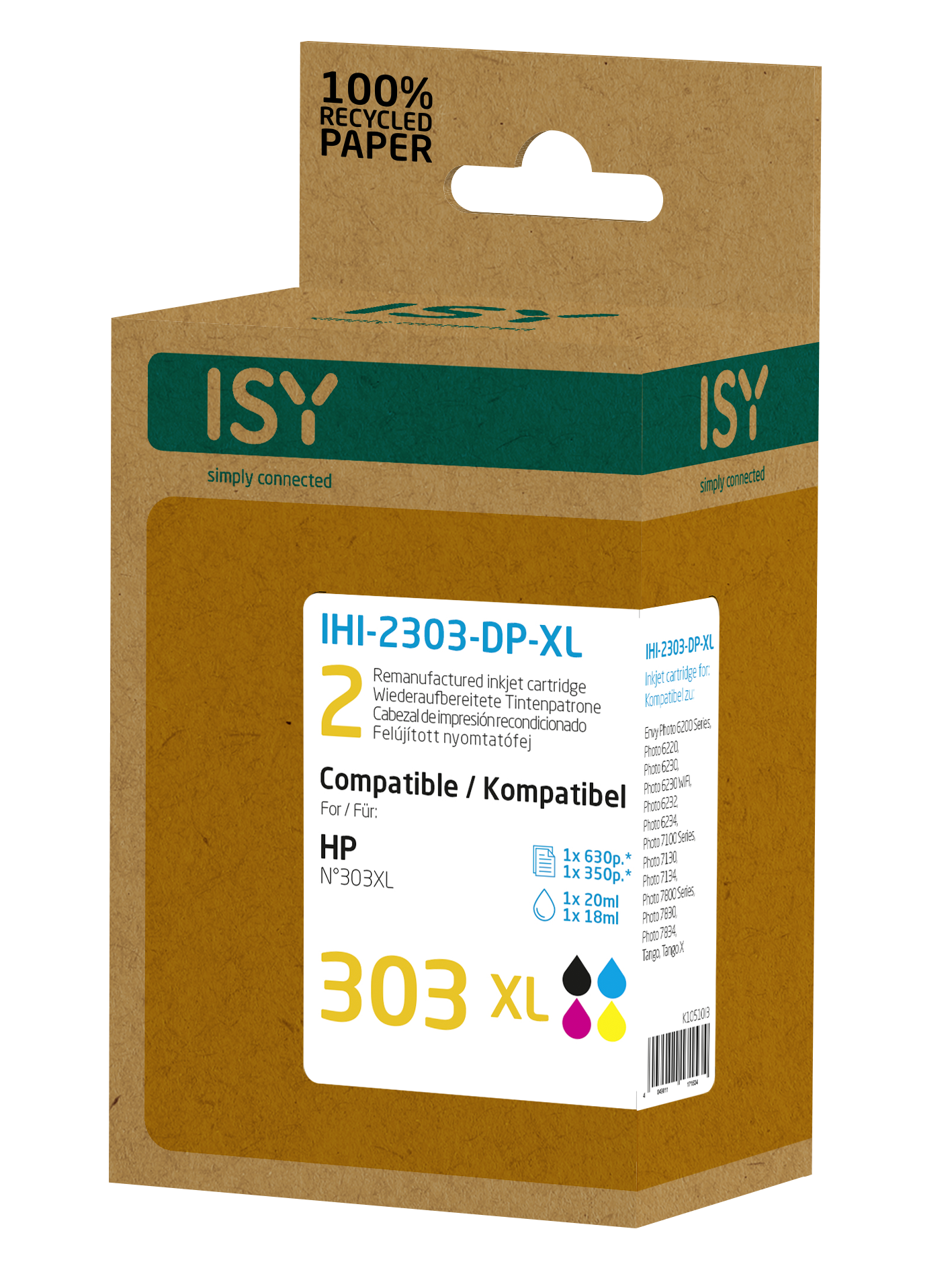 Braune ISY-Box mit HP 302XL Tintenpatrone, 100% Recyclingpapier.