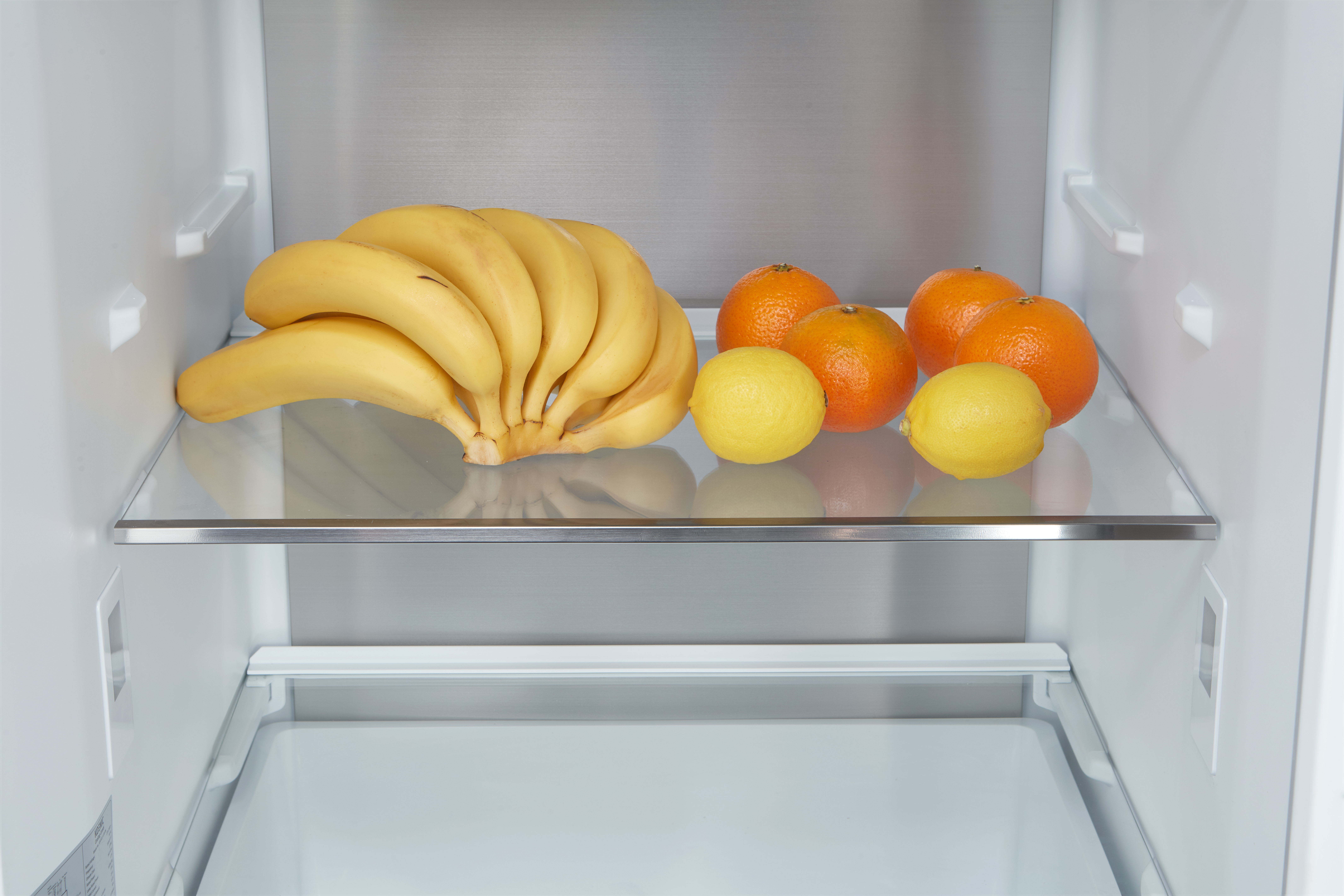 Bananen, Orangen und Zitronen auf einem Glasregal im Kühlschrank.