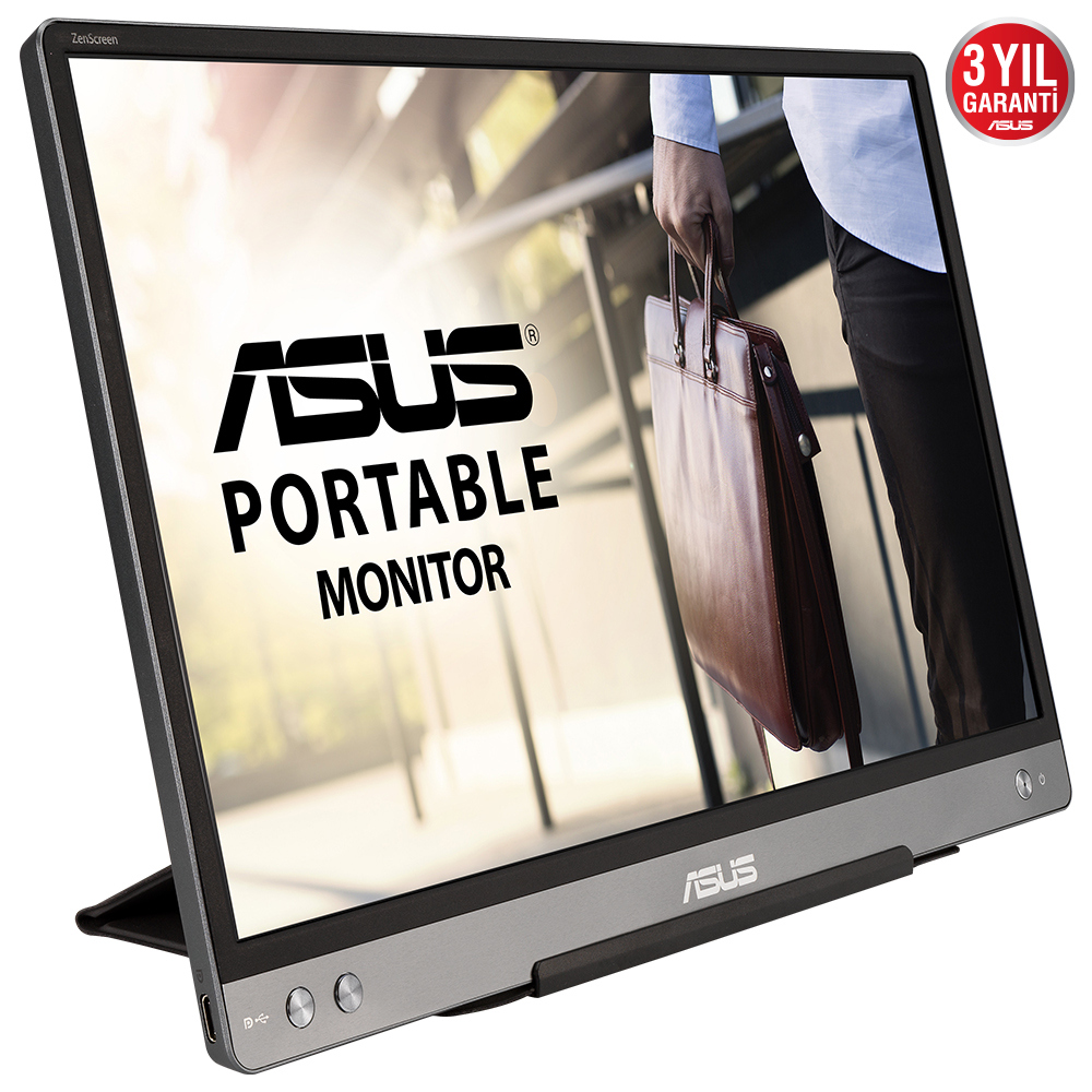 Çantalı bir adamı gösteren bir ASUS taşınabilir monitörü.