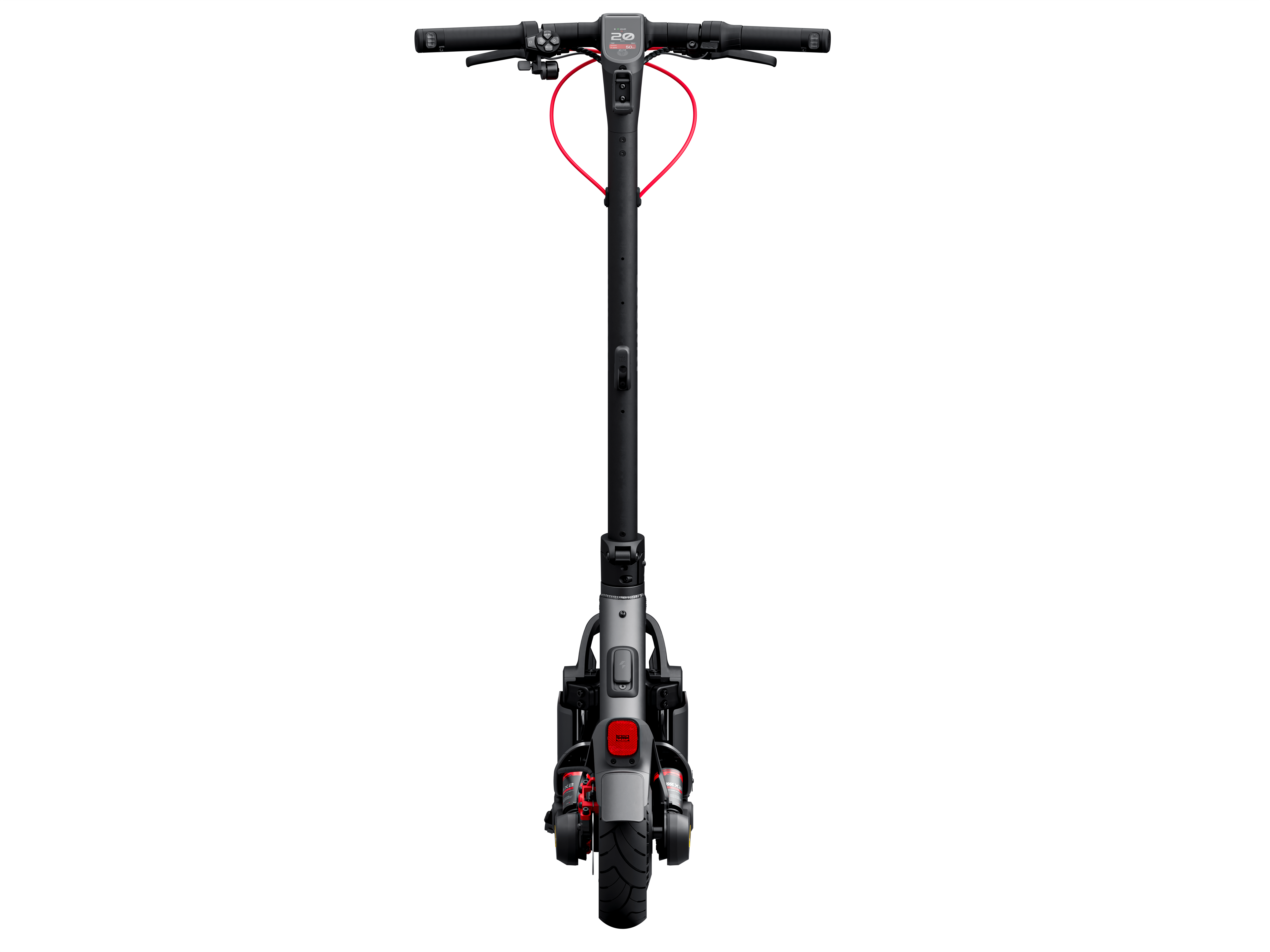 Siyah zeminde yukarıdan elektrikli scooter. Kırmızı kablolar ve vurgular. SEGWAY markası.