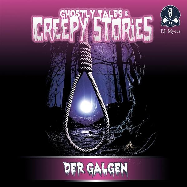 Buchcover mit einer Galgenschlinge in einem Wald. Titel: Ghostly Tales & Creepy Stories, Der Galgen.