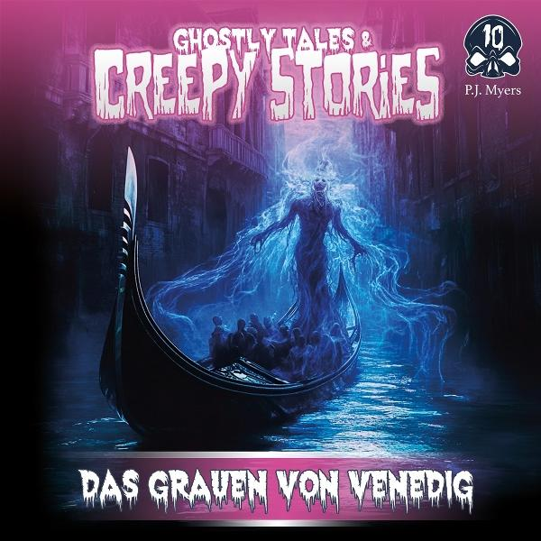 Buchcover mit einer venezianischen Szene, einem Geisterwesen und dem Titel 'Das Grauen von Venedig'.