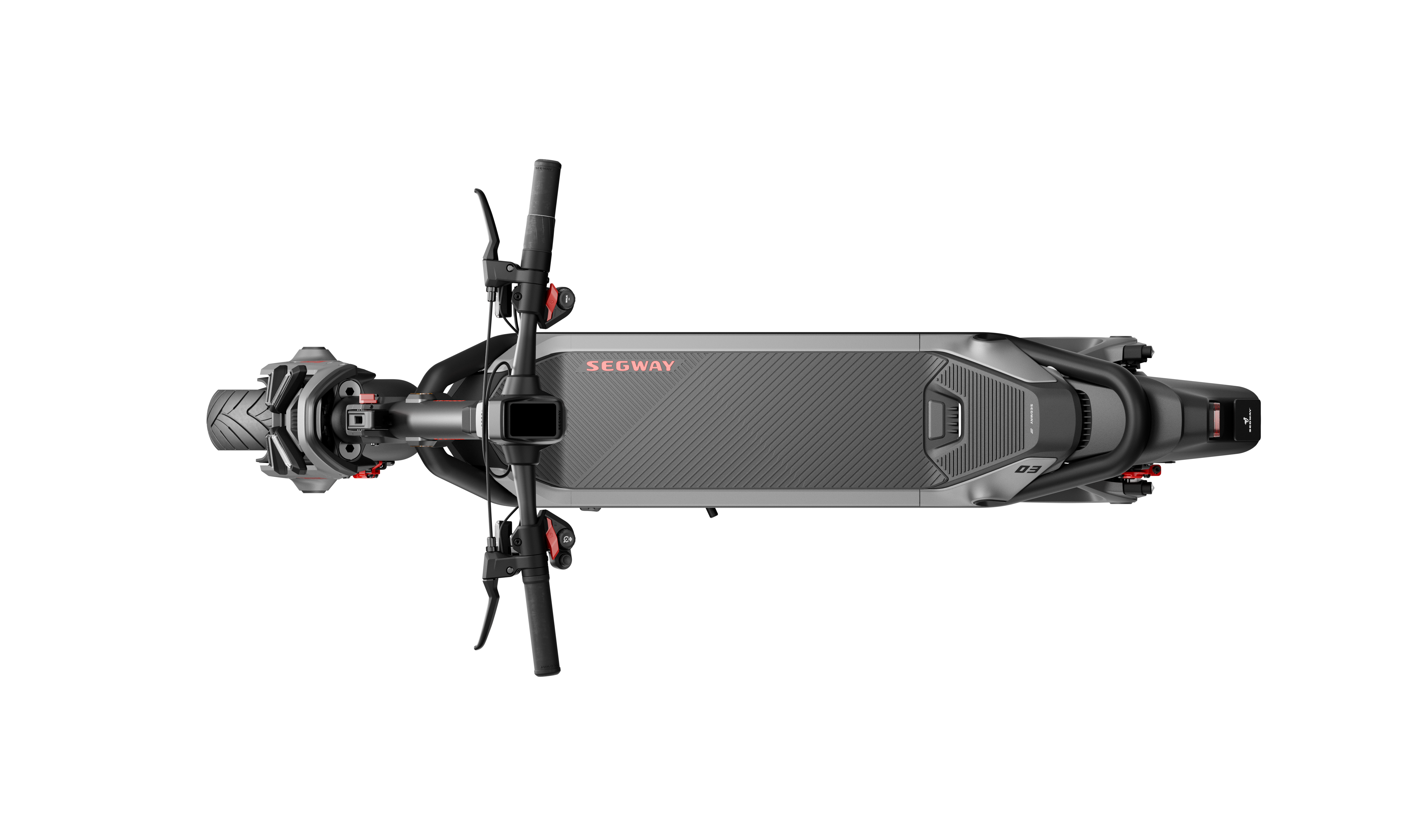 Elektrikli scooter yukarıdan, siyah arka plan. Gidon, güverte ve tekerlekler görülebilir.