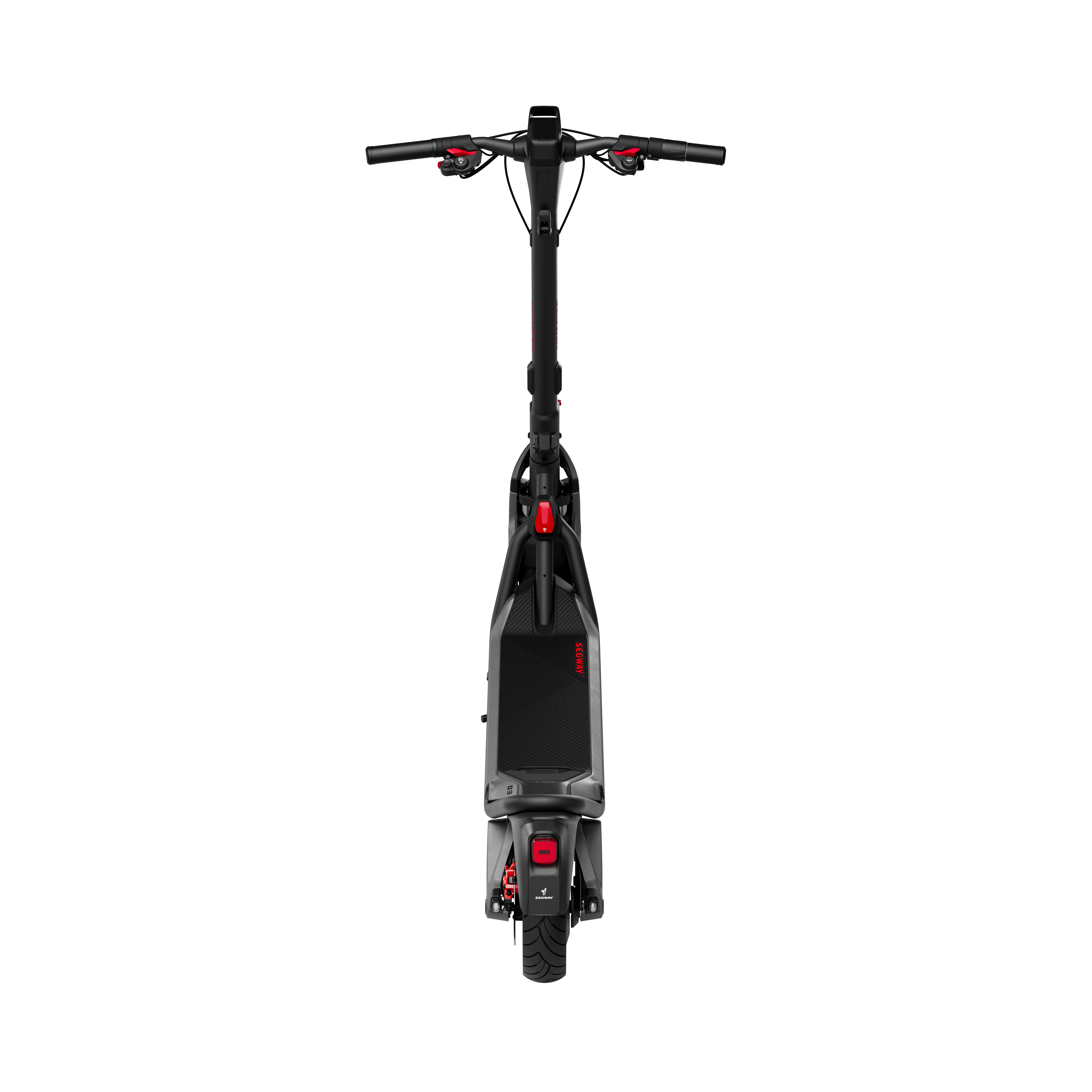 Kırmızı detaylara sahip siyah elektrikli scooter, siyah arka plan üzerinde yukarıdan görünüm.