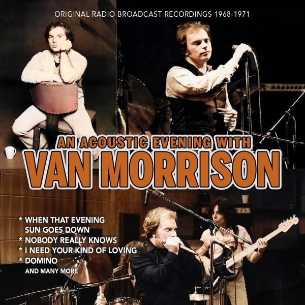 Ein Albumcover mit mehreren Bildern von Van Morrison, das eine Live-Performance und den Titel 'An Acoustic Evening' zeigt.