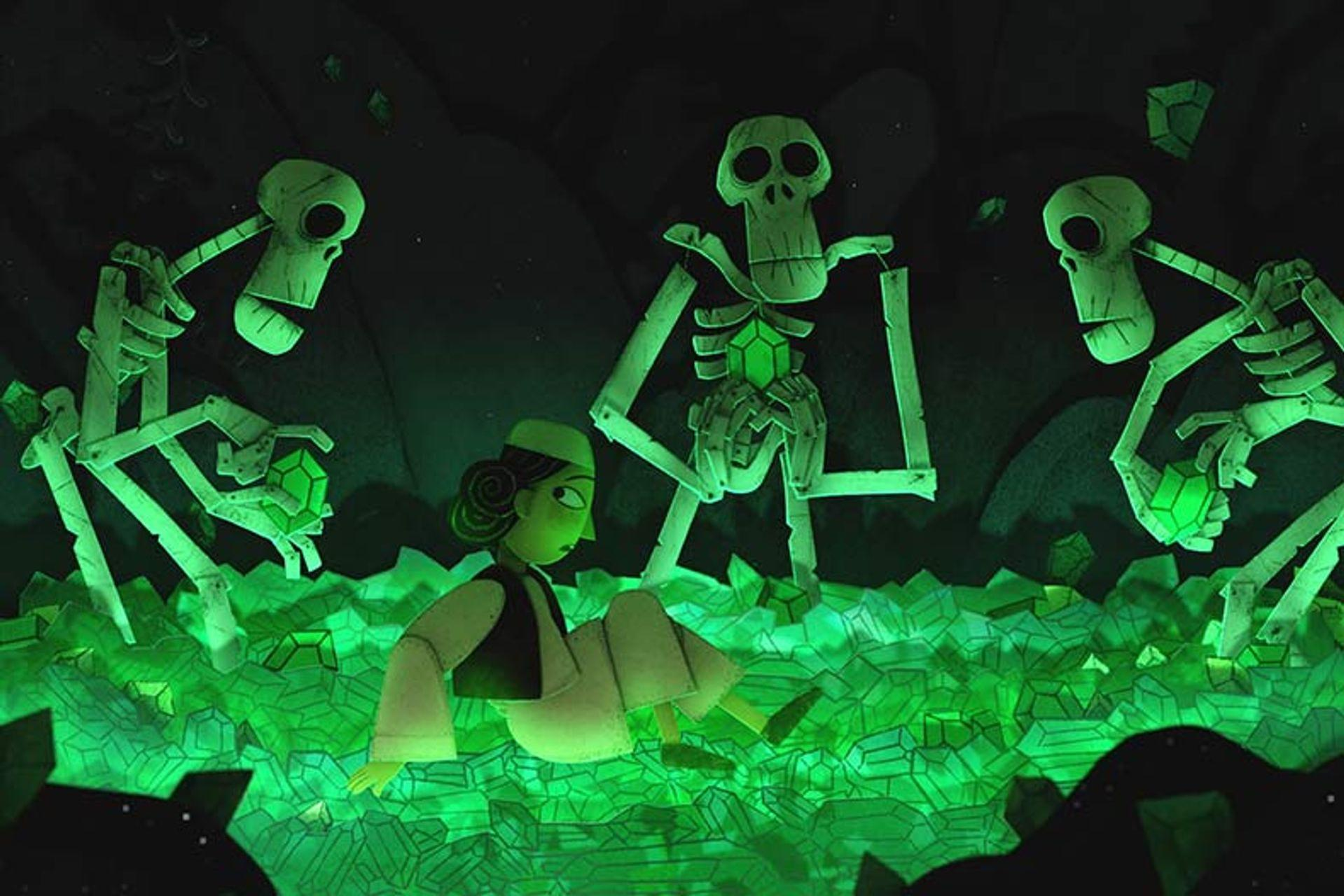 Eine animierte Szene mit drei Skeletten und einem Kind, die von grünen Edelsteinen umgeben sind, vor einem dunklen Hintergrund.