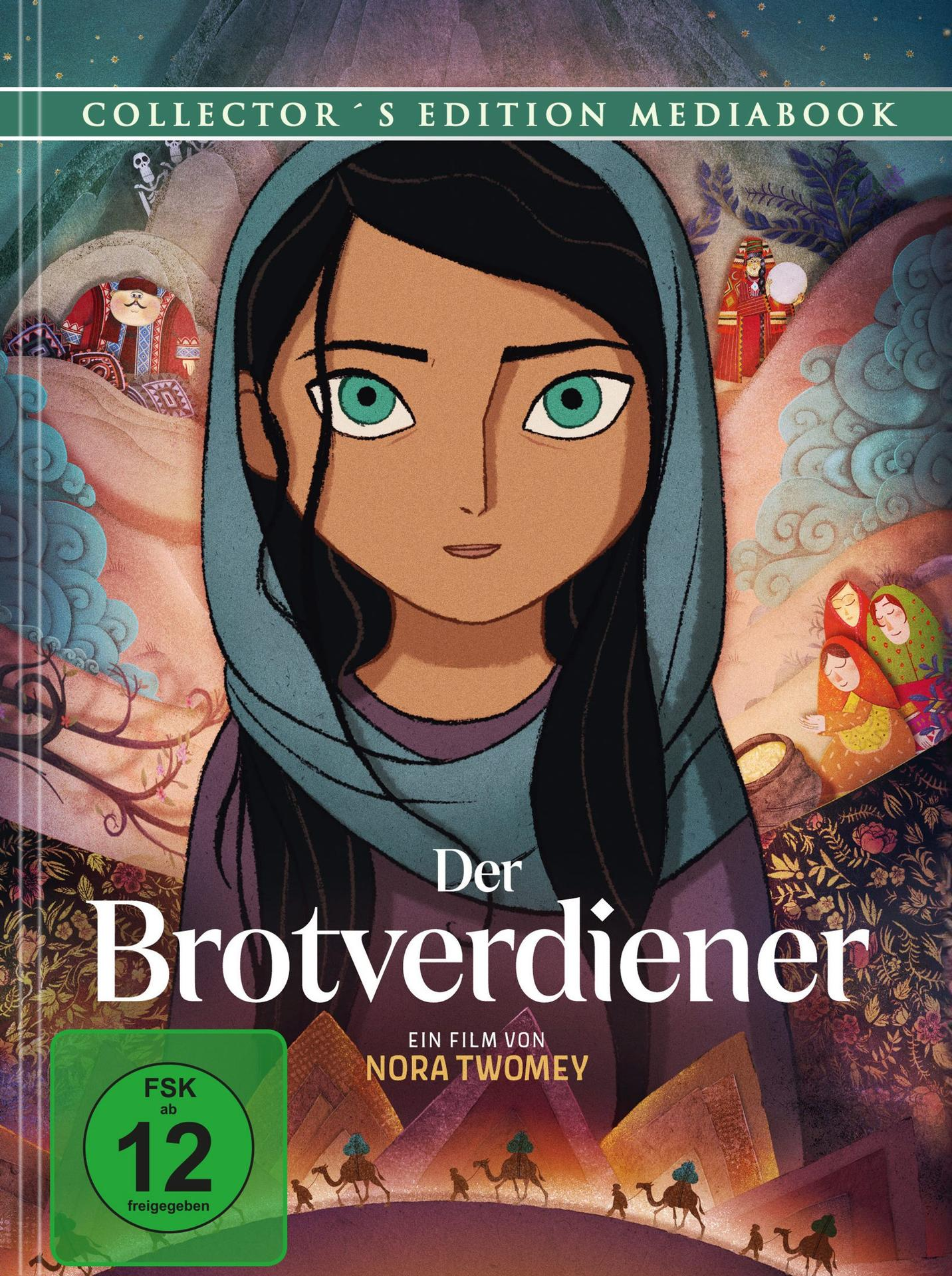 Ein Filmplakat mit einem Mädchen, das ein blaues Kopftuch trägt, und dem Titel 'Der Brotverdiener'.