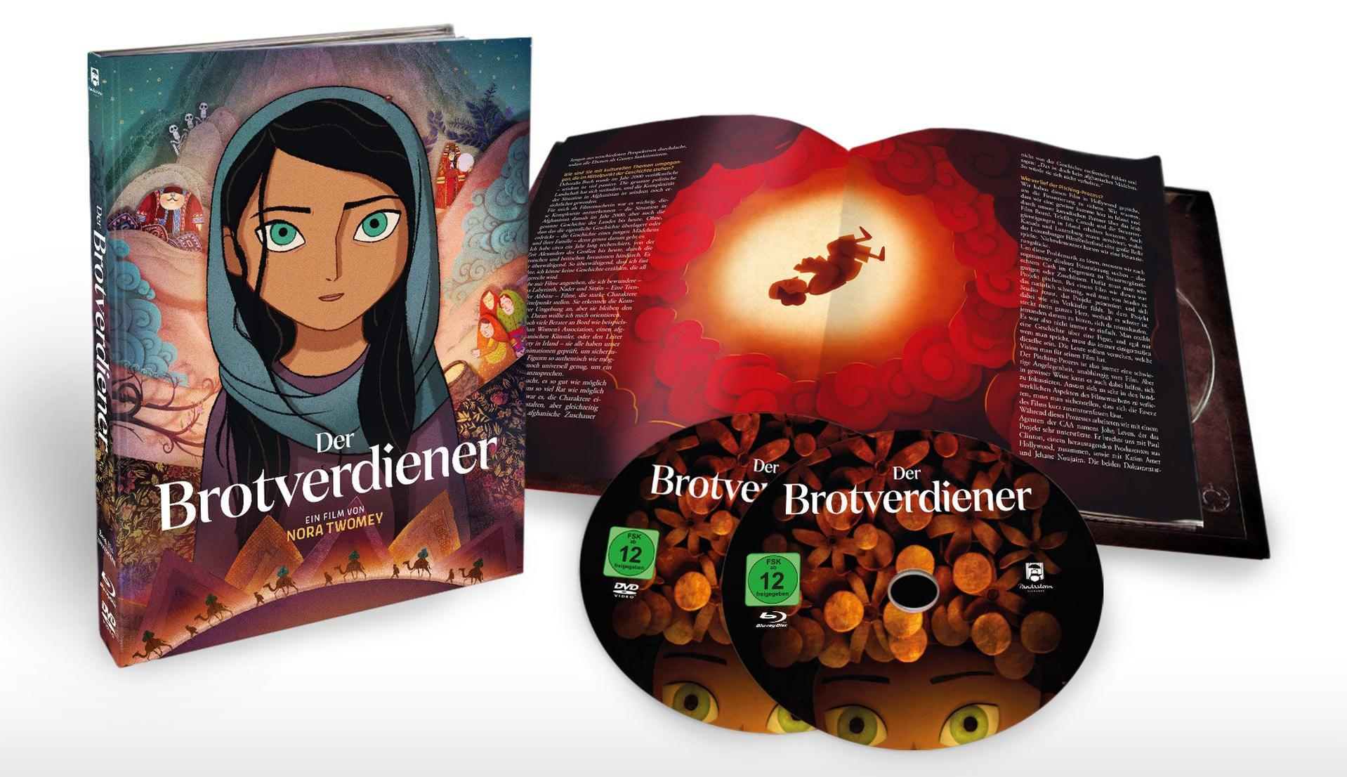 Ein Buch und zwei DVDs mit dem Titel 'Der Brotverdiener' mit einem animierten Mädchen auf dem Cover.