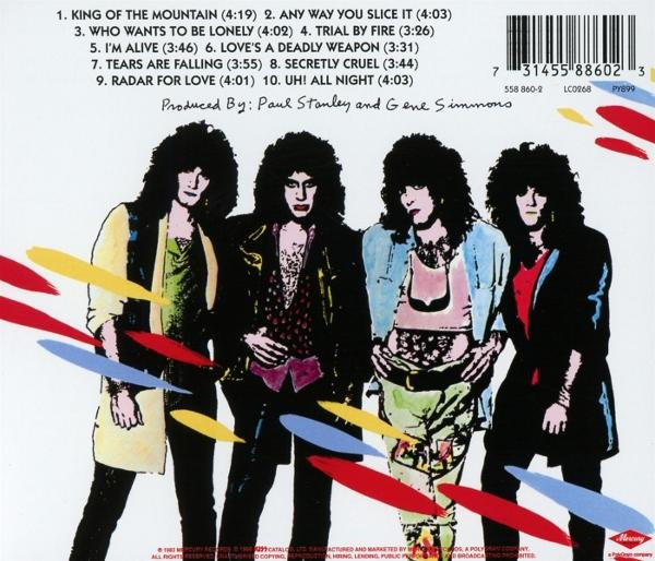 Rückseite eines Albumcovers mit vier Personen, Bandmitglieder, mit Songtiteln und Produktionsdetails.