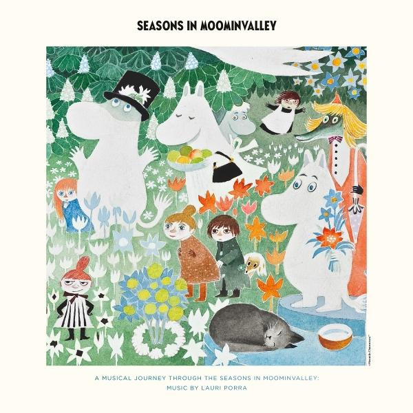 Illustration von Mumin-Figuren in einer bunten Szene mit Blumen, Bäumen und Schnee, mit dem Titel 'Seasons in Moominvalley'.