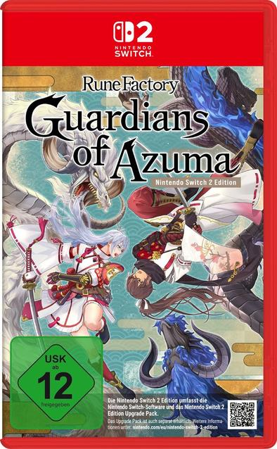 Nintendo Switch Spielverpackung mit dem Titel 'Rune Factory: Guardians of Azuma', mit Charakteren und einem roten Hintergrund.