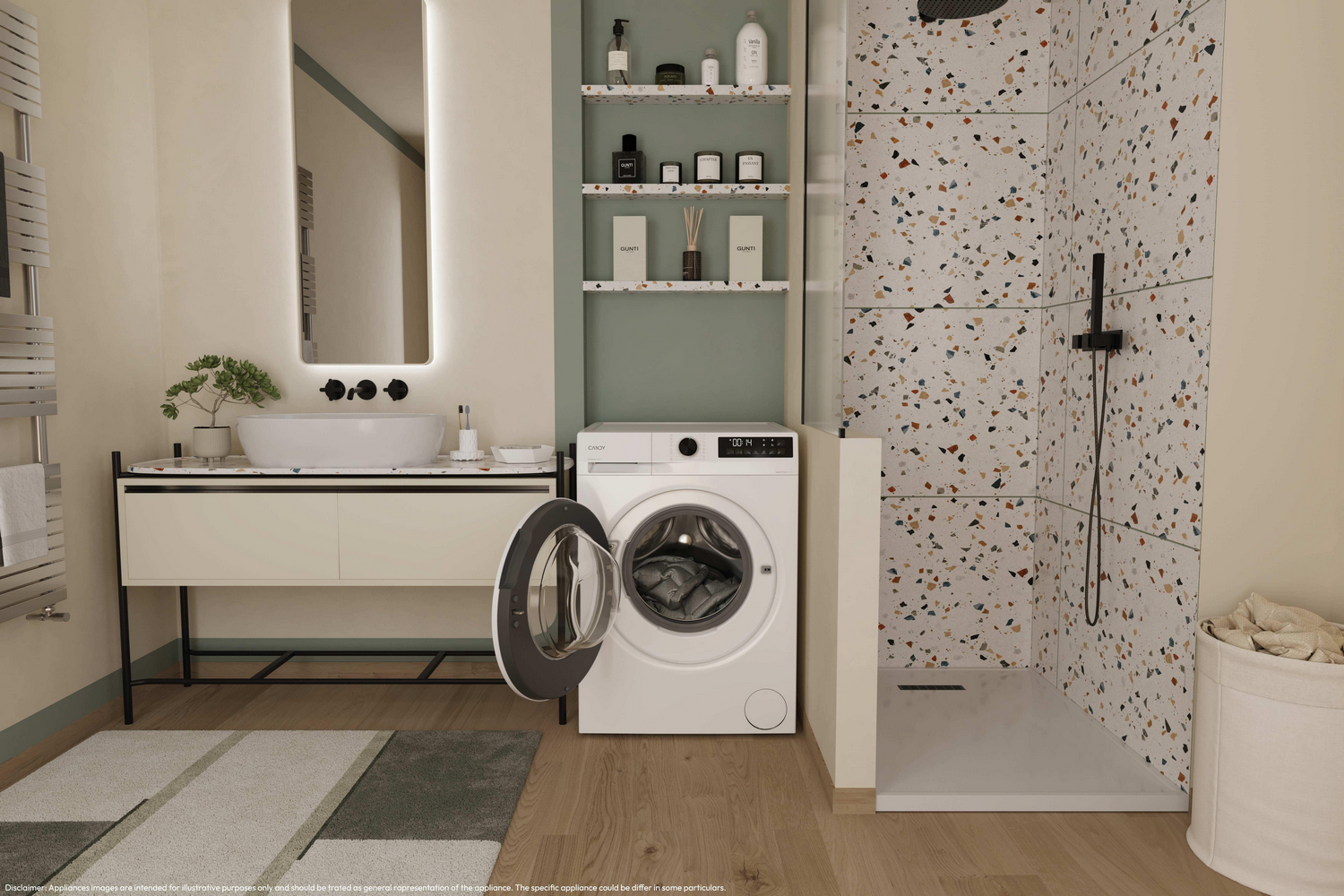 Baño con lavadora abierta, lavabo, espejo y estanterías.