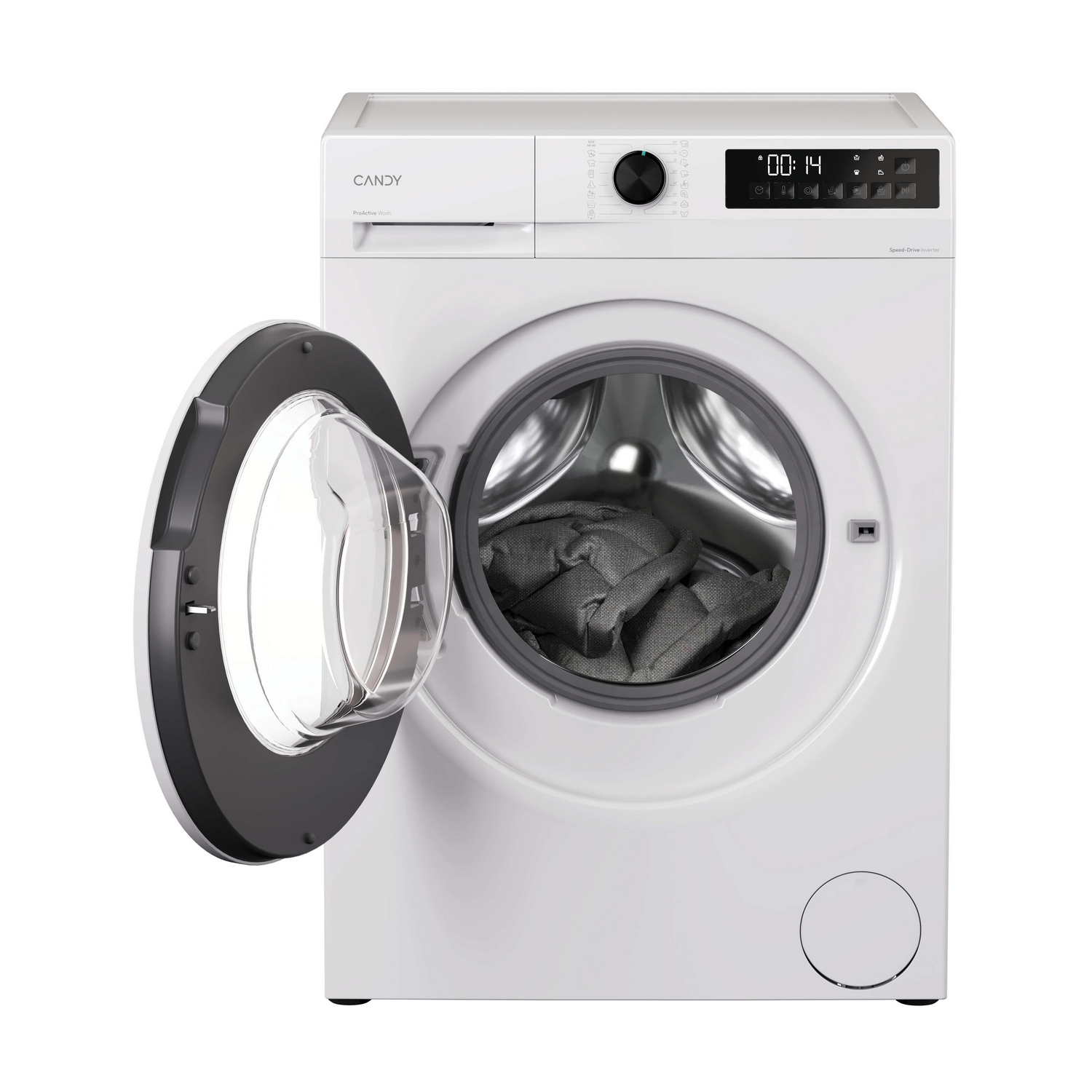 Lavadora blanca con puerta abierta, ropa dentro.