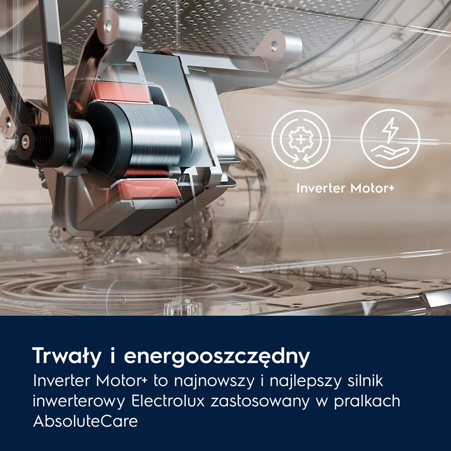 Szczegół silnika pralki. Tekst promuje silnik inwerterowy+ i jego efektywność energetyczną.