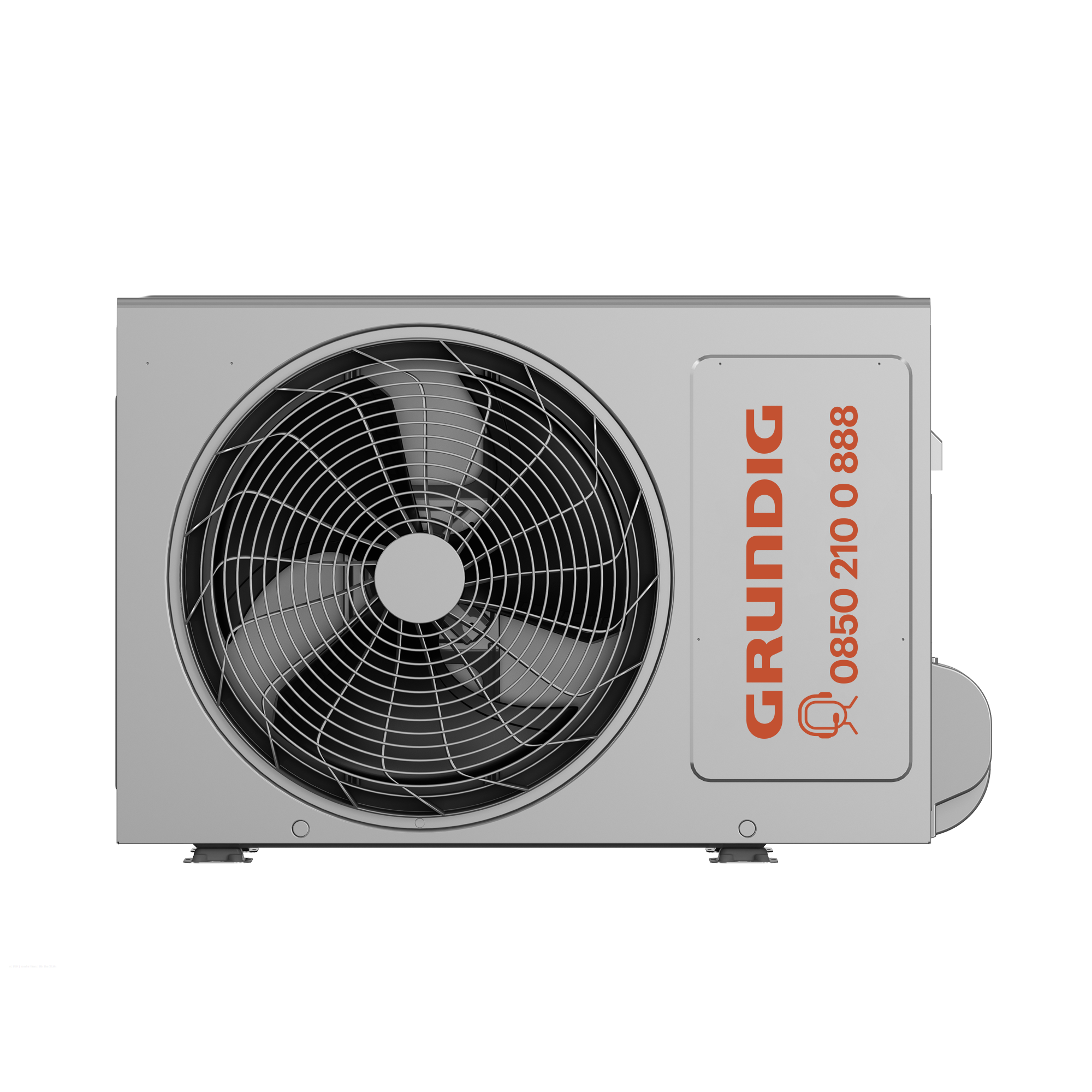 Gri bir Grundig klima ünitesi. Ortada bir fan var. Grundig logosu ve telefon numarası yanda.