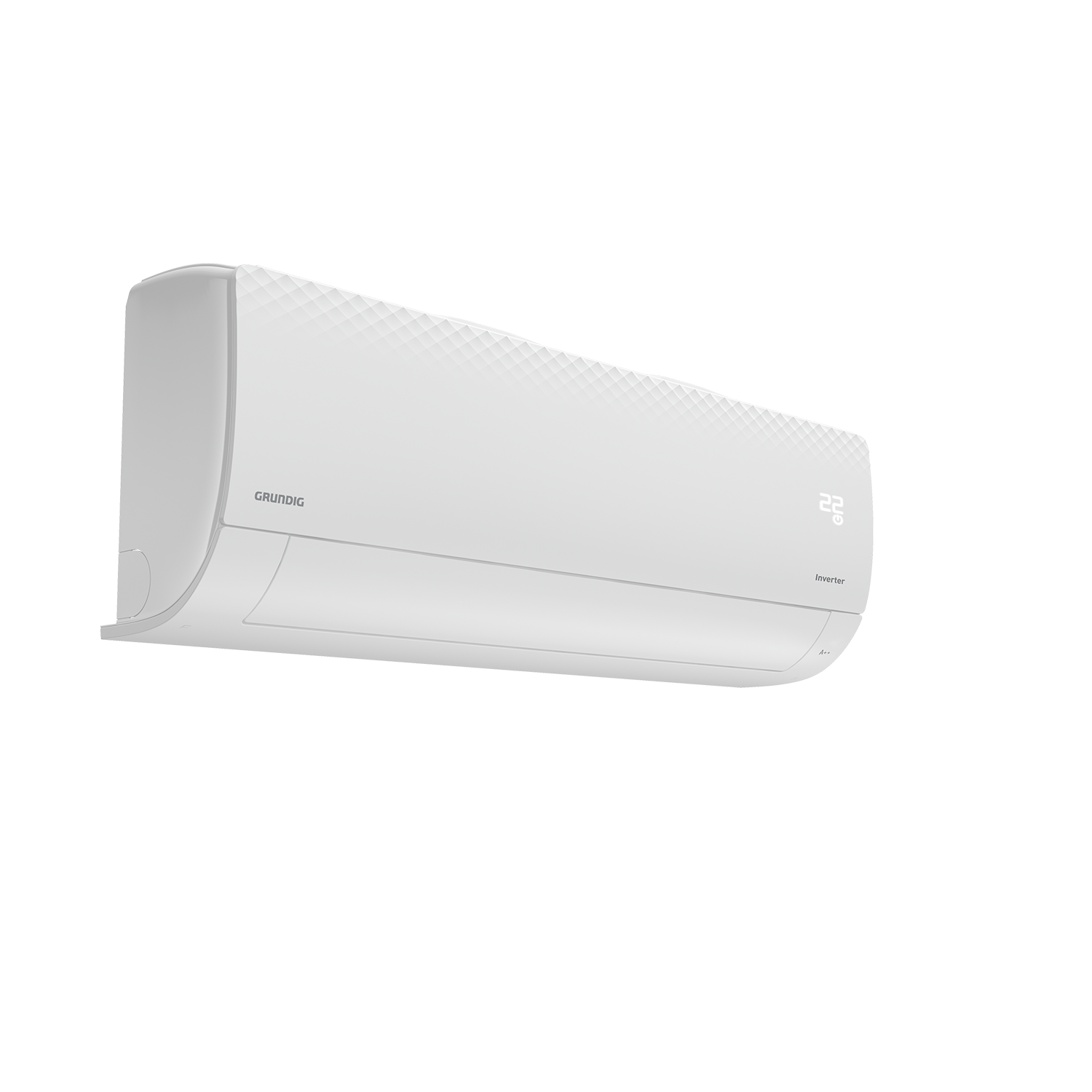 Beyaz Grundig klima. 22 derece gösterir. Üzerinde "Inverter" yazısı var. A++ enerji sınıfı görüntülenir.