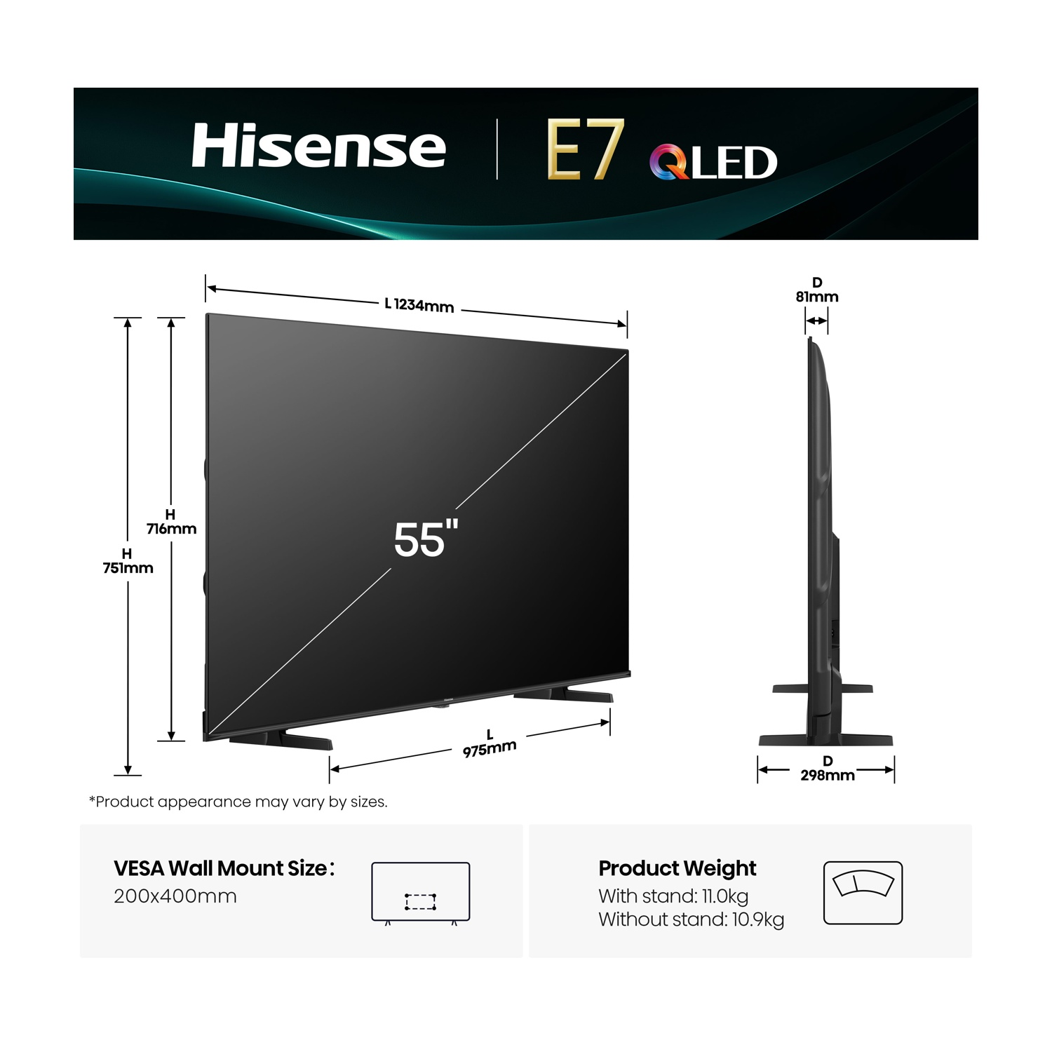 Vista laterale di un TV da 55 pollici con dimensioni. Peso del prodotto, dimensioni staffa a muro e logo Hisense.
