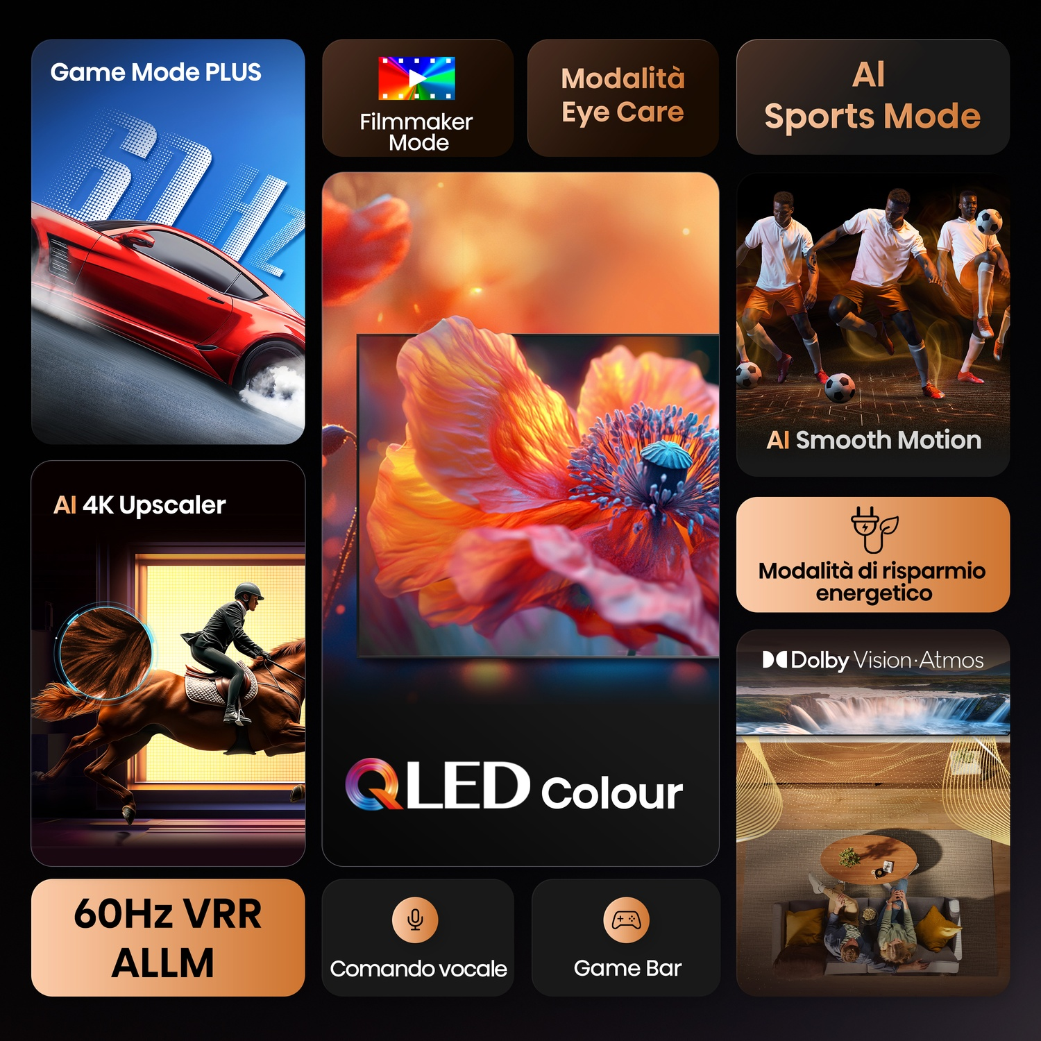 Una composizione che mostra funzionalità come 'Game Mode PLUS', 'AI Smooth Motion' e 'Dolby Vision Atmos'.