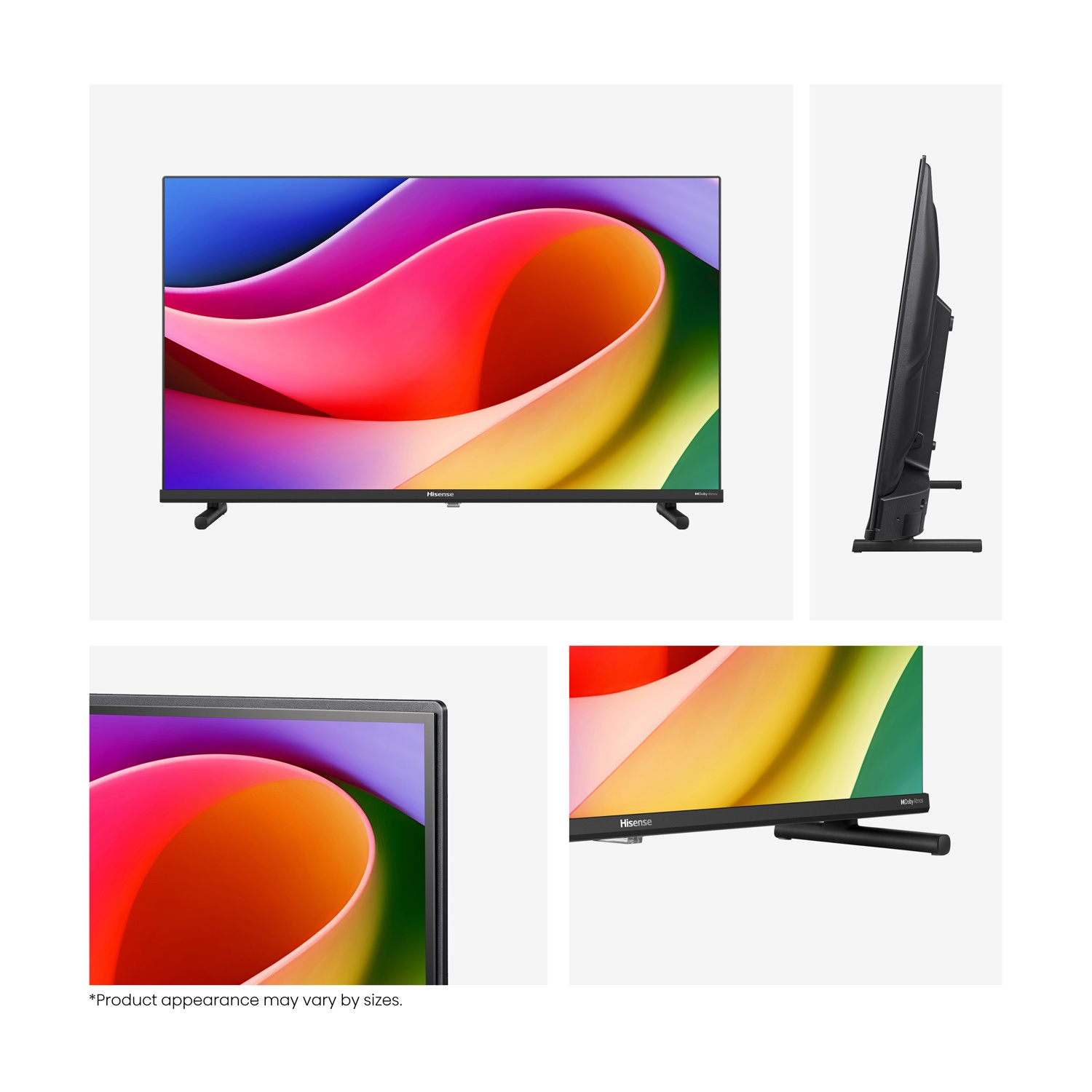 TV con schermo colorato, vista laterale, primo piano, logo Hisense e supporti.