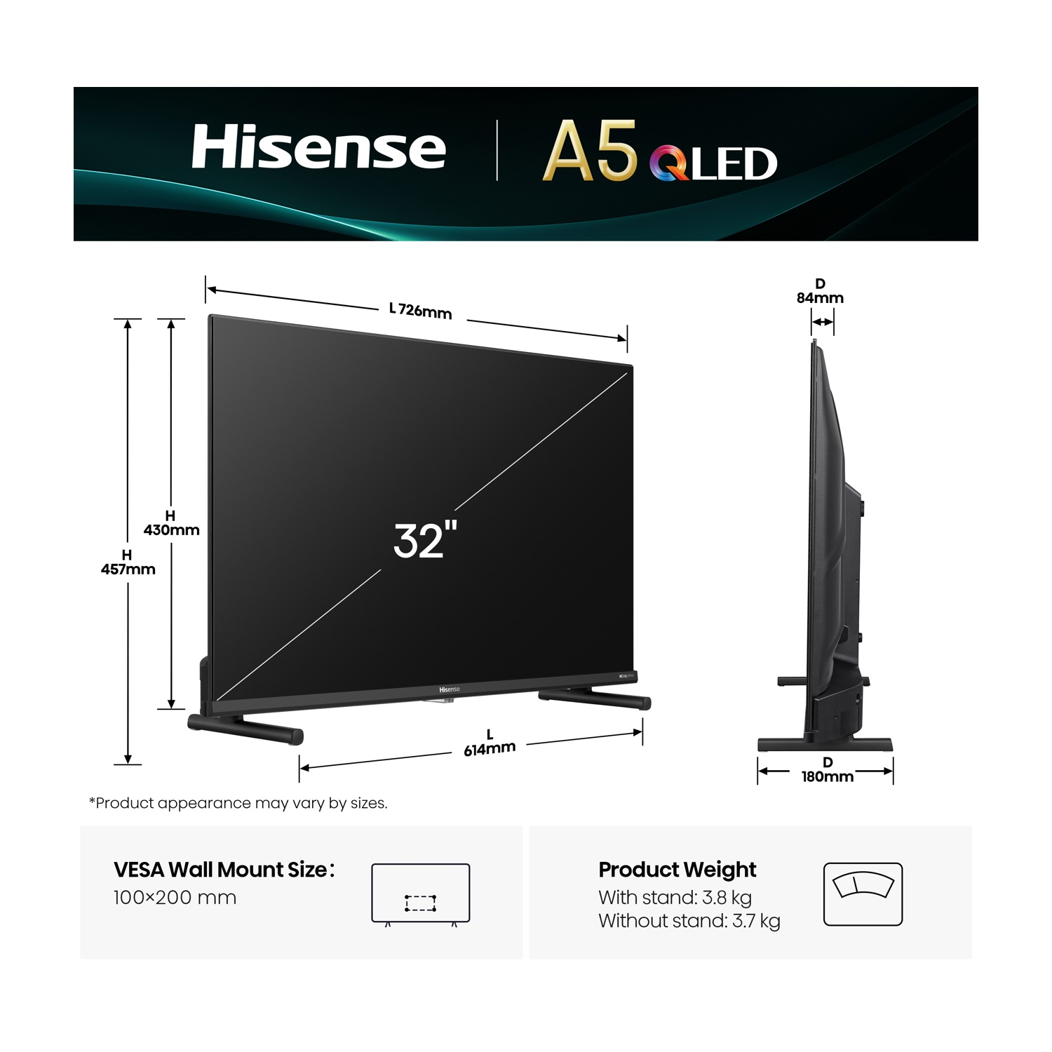 TV Hisense A5QLED, 32 pollici, dimensioni, peso, supporto VESA, vista laterale, info prodotto.
