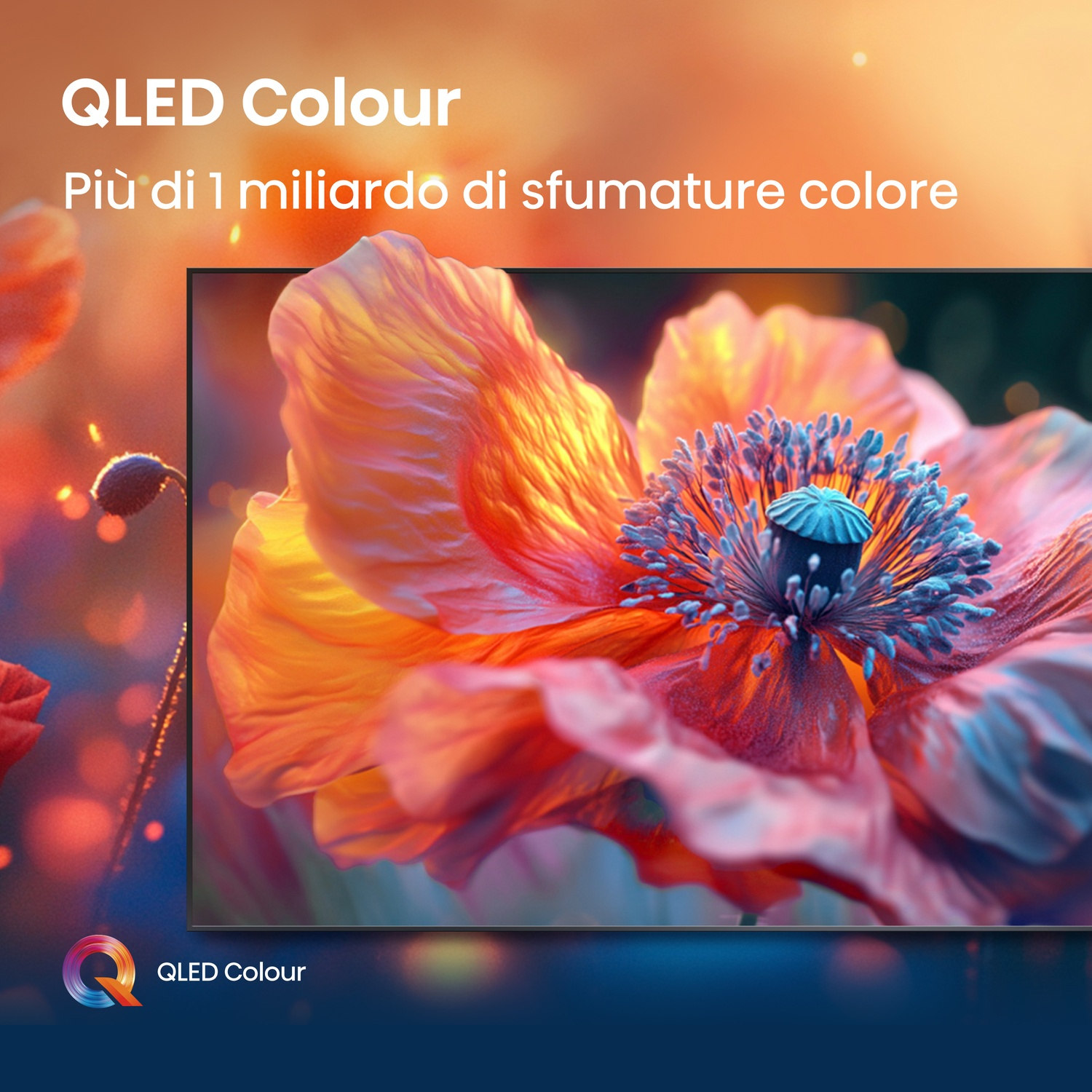 Primo piano di fiore rosso, colore QLED, testo, sfondo sfocato, luce arancione.